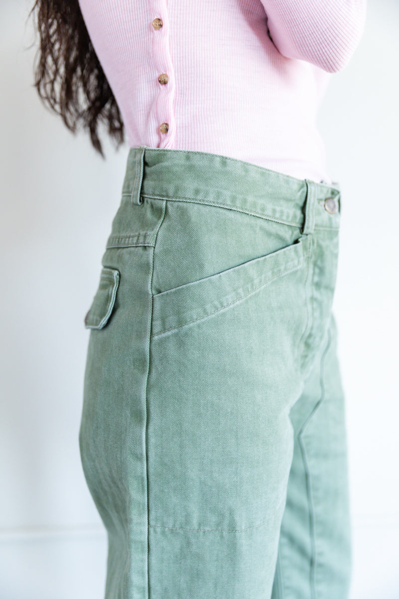 VALI PANT IN MOSS HERRINGBONE TWILL
