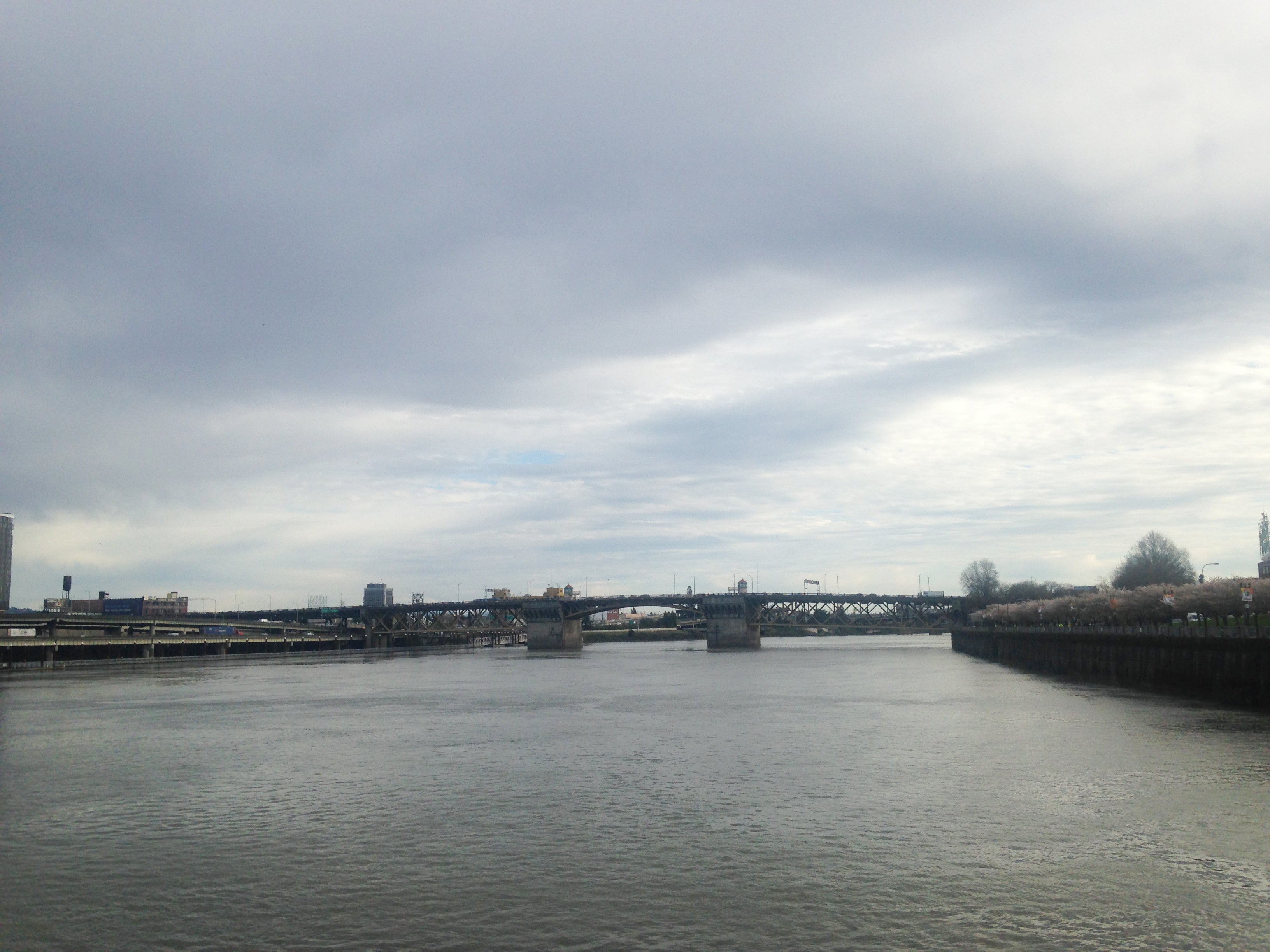 River with a bridge under a cloudy sky