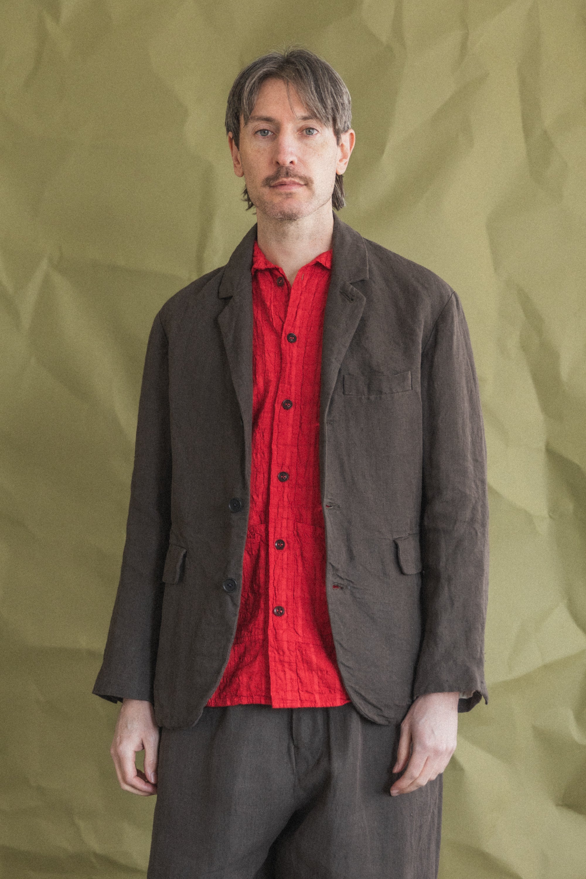 THREE BUTTON JACKET IN SHALE GREY DOBBY WEAVE HEMP — Shop Boswell