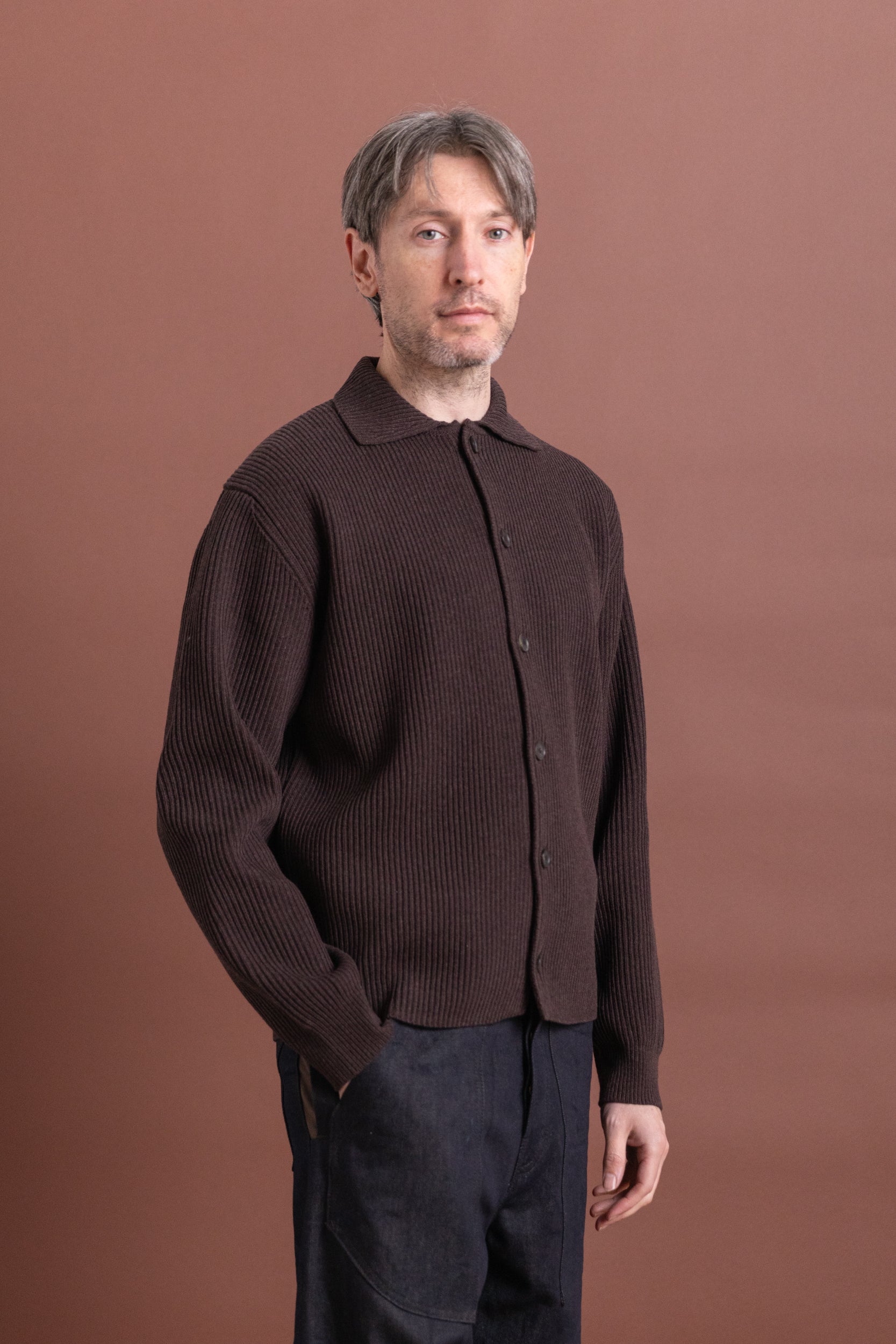 トップス BRUSHED COTTON WOOL RIB KNIT SHIRT SUPER FINE WOOL RIB KNIT SHIRT CARDIGAN IN TOP BROWN