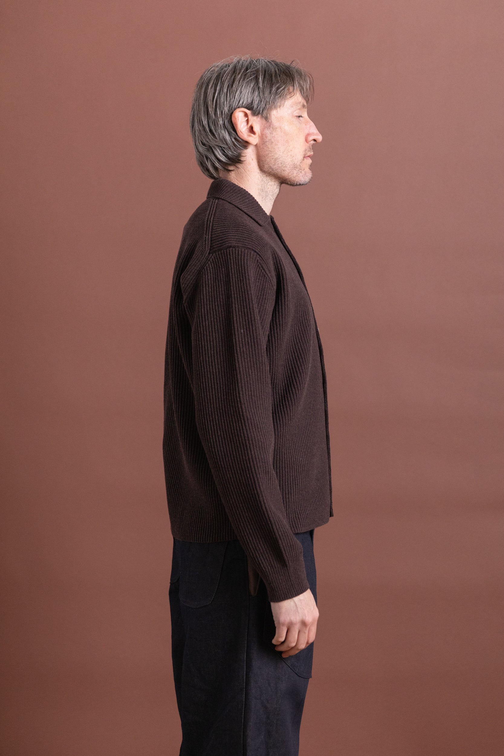 トップス SUPER FINE WOOL RIB KNIT SHIRT CARDIGAN SUPER FINE WOOL RIB KNIT SHIRT CARDIGAN IN TOP BROWN