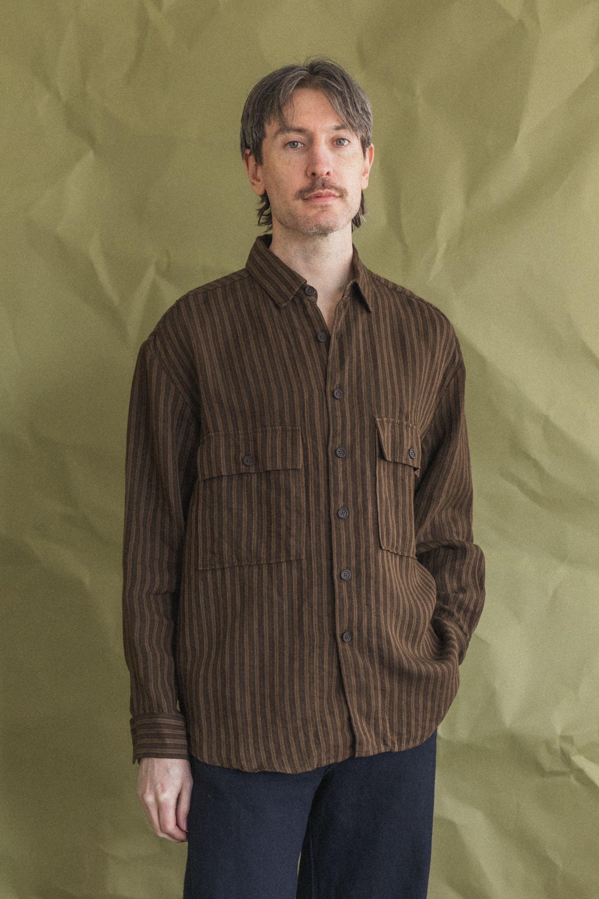 BIG SHIRT IN BROWN OVERDYED LINEN STRIPE
