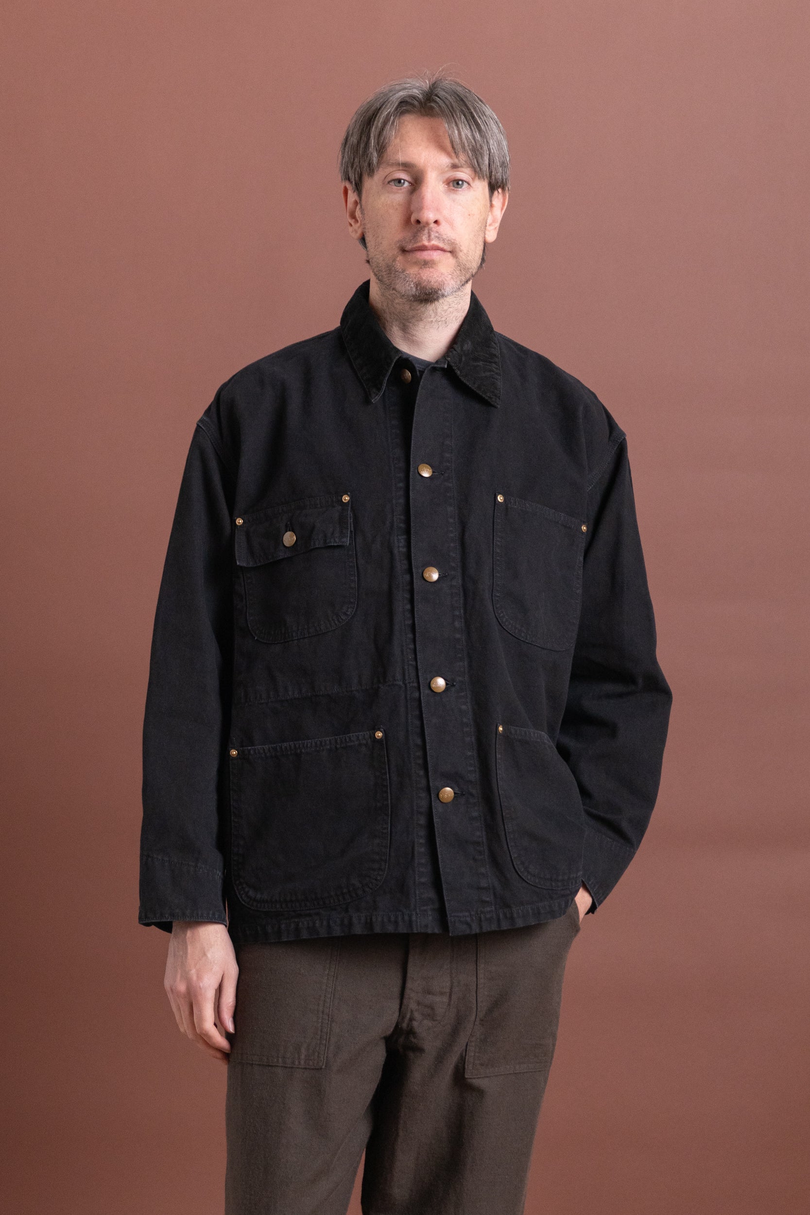 RELAX FIT OXFORD COVERALL JACKET IN BLACK