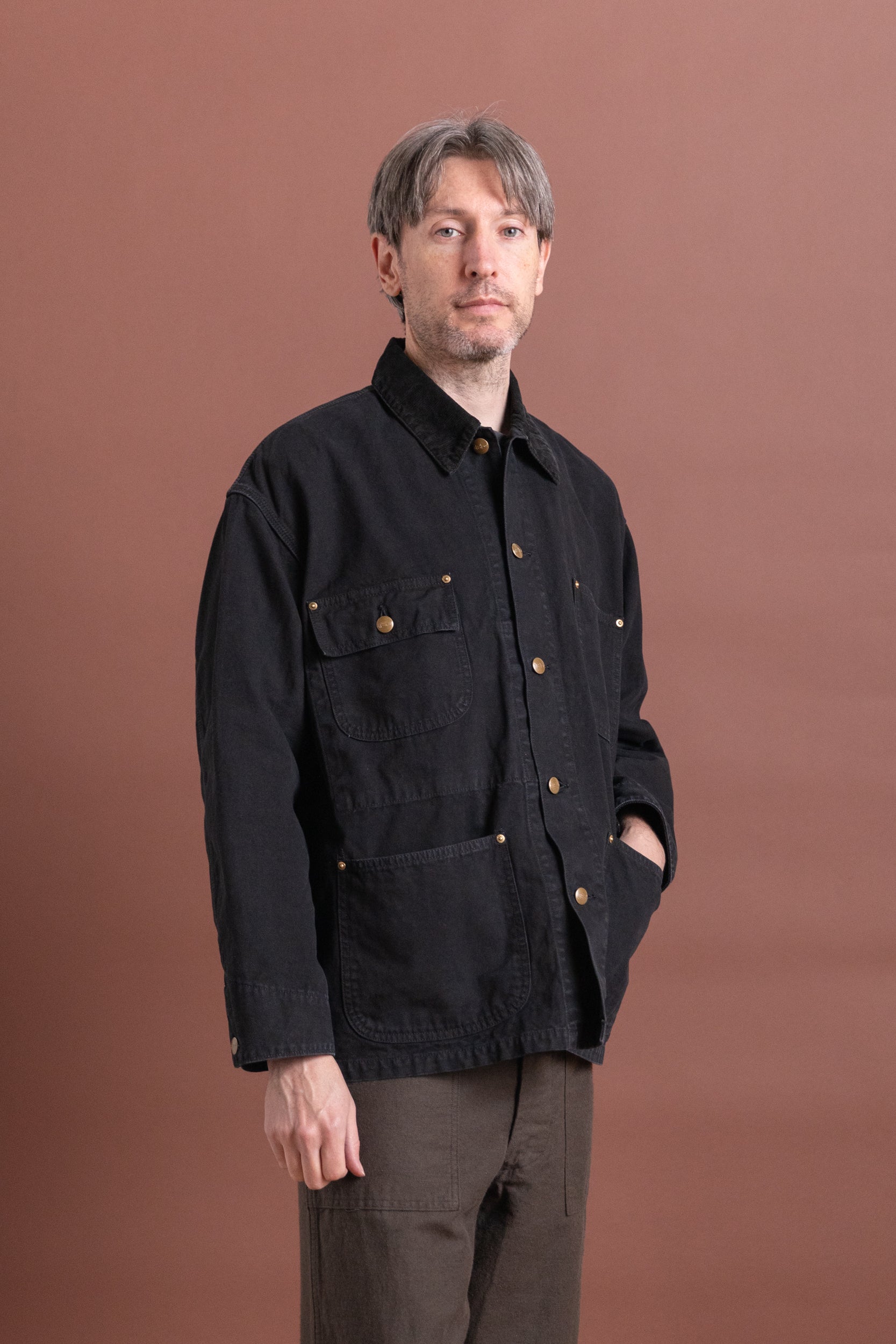 RELAX FIT OXFORD COVERALL JACKET IN BLACK