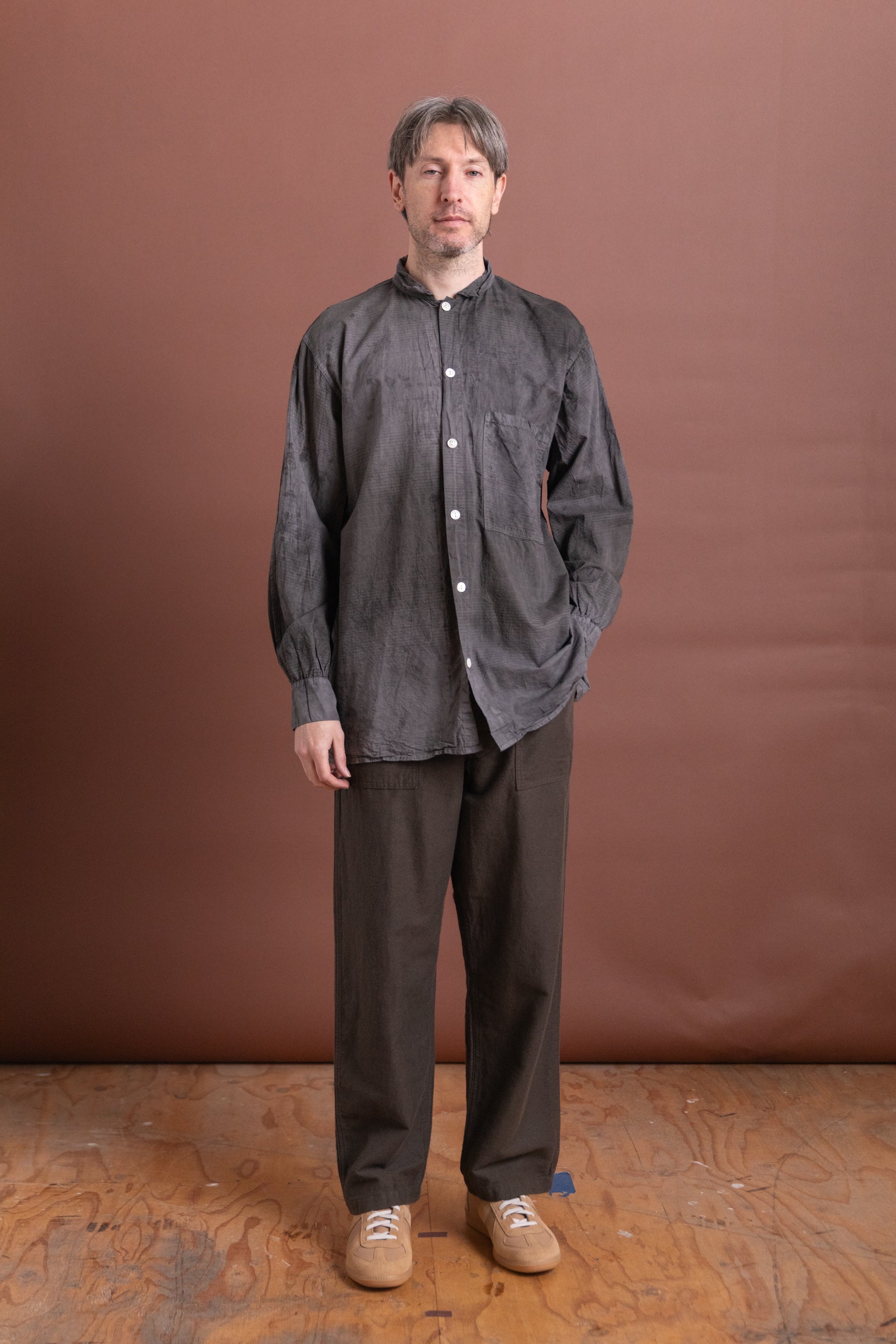 PLASTRON SHIRT IN CHESTNUT DYED DOBBLER STRIPED COTTON CAMBRIC