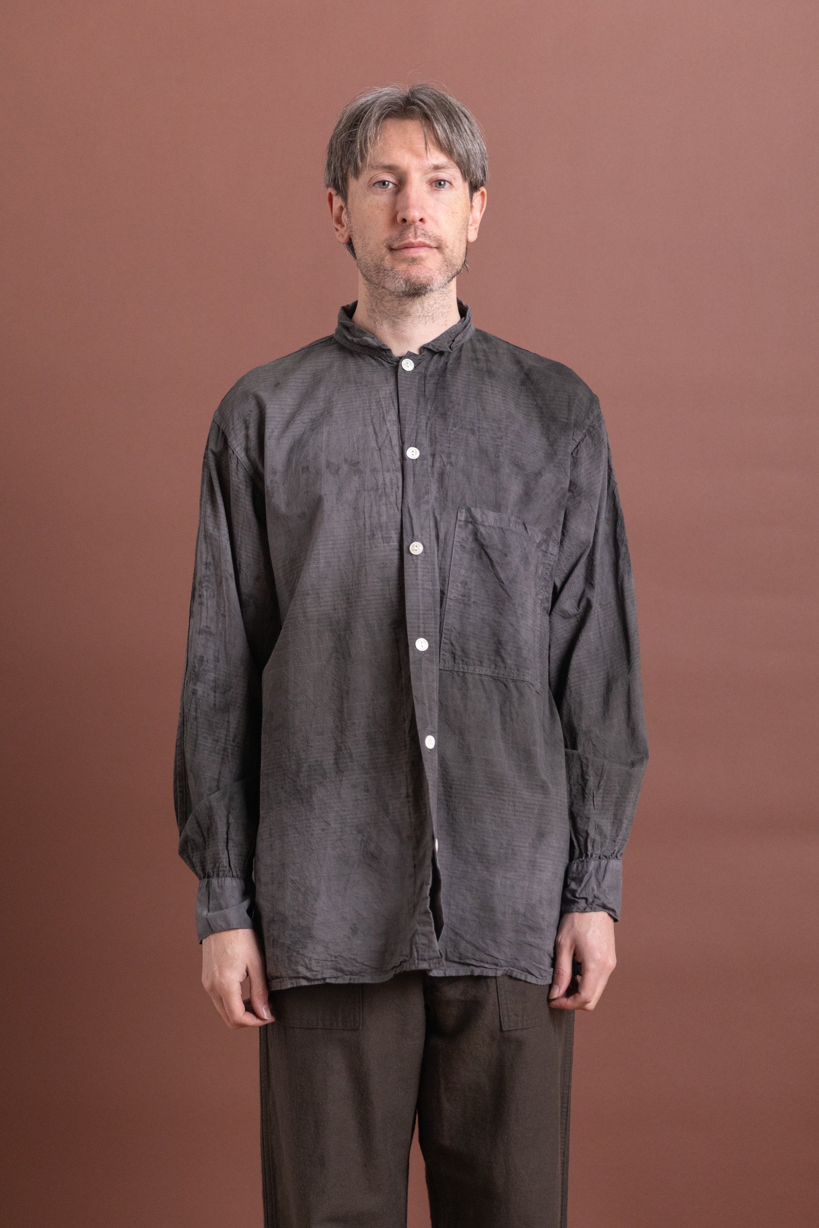 PLASTRON SHIRT IN CHESTNUT DYED DOBBLER STRIPED COTTON CAMBRIC