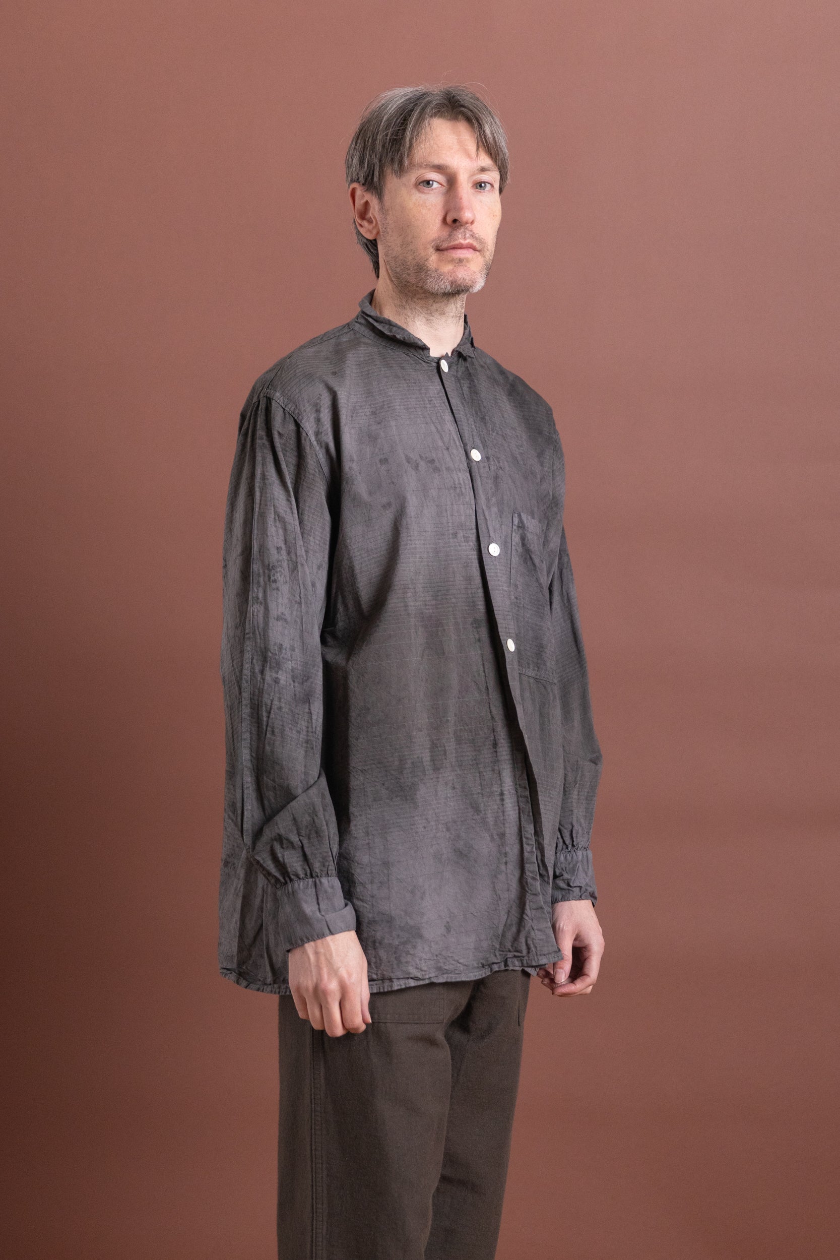 PLASTRON SHIRT IN CHESTNUT DYED DOBBLER STRIPED COTTON CAMBRIC