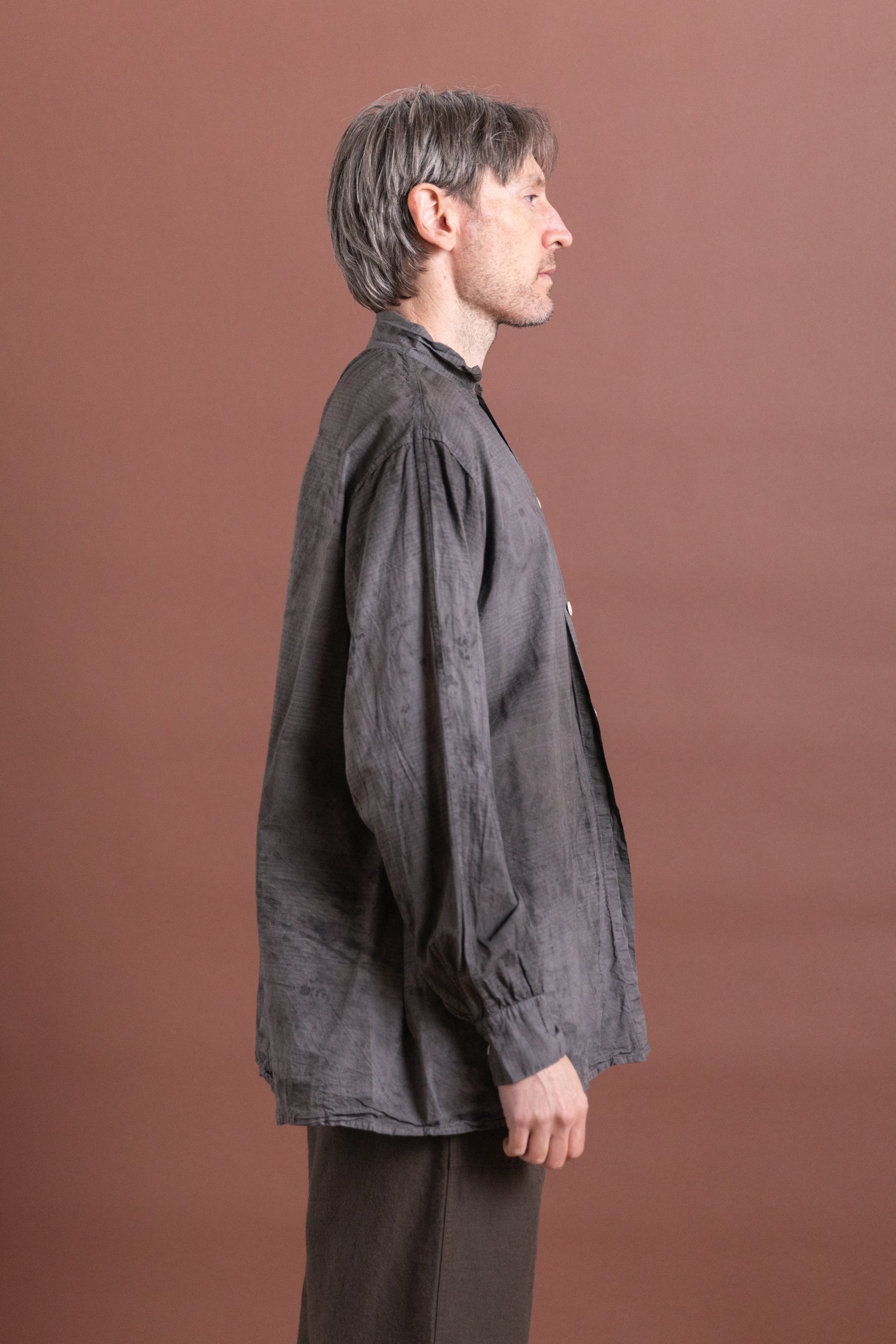 PLASTRON SHIRT IN CHESTNUT DYED DOBBLER STRIPED COTTON CAMBRIC