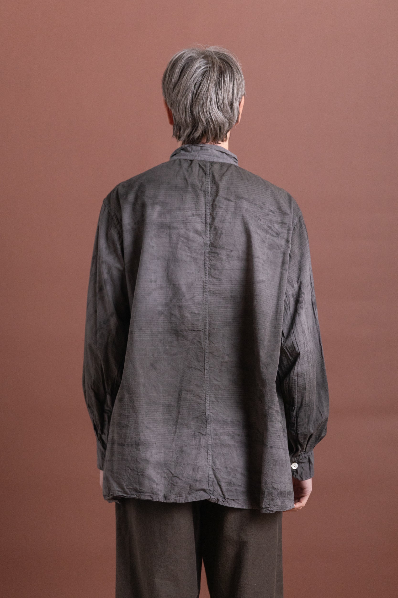 PLASTRON SHIRT IN CHESTNUT DYED DOBBLER STRIPED COTTON CAMBRIC