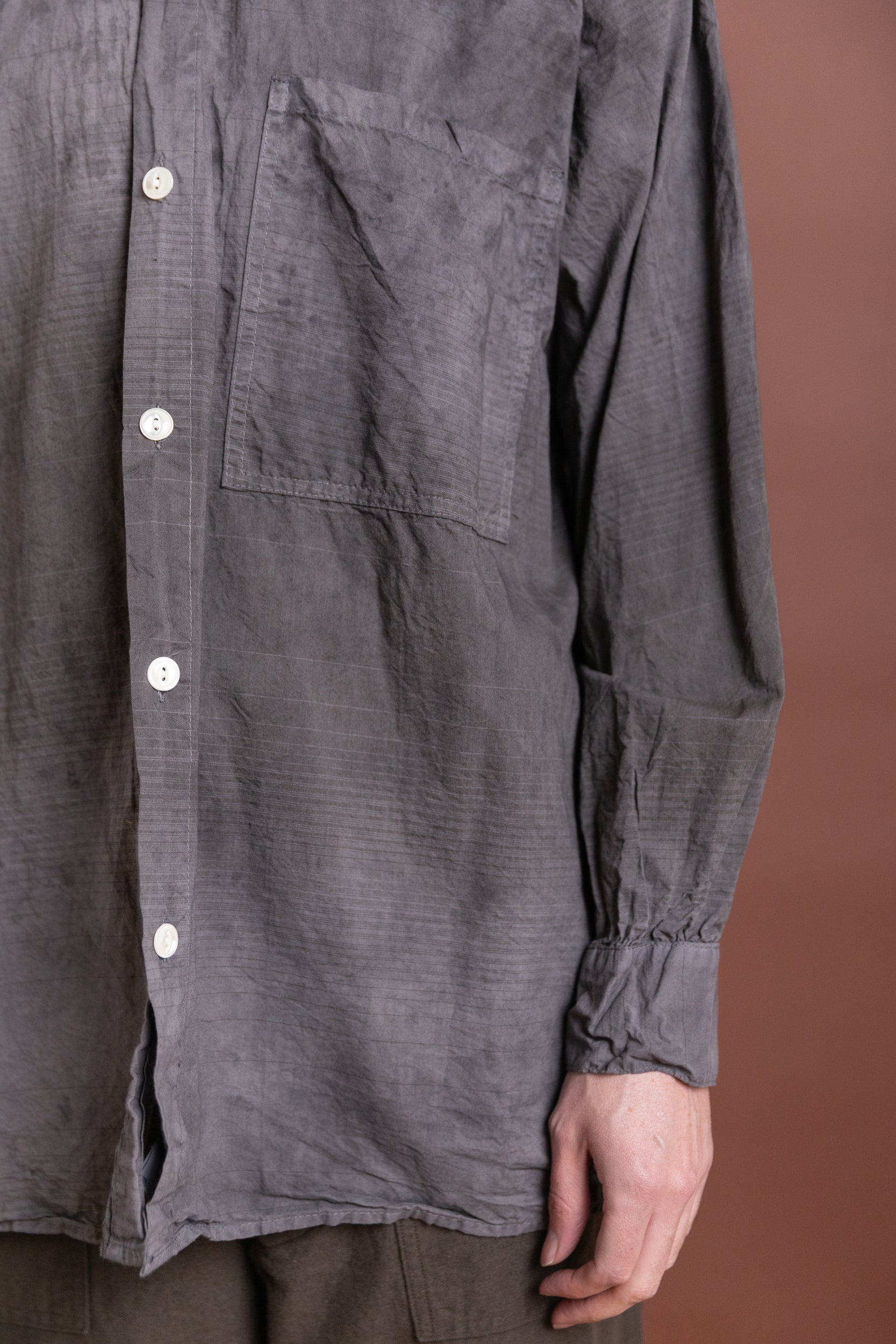 PLASTRON SHIRT IN CHESTNUT DYED DOBBLER STRIPED COTTON CAMBRIC