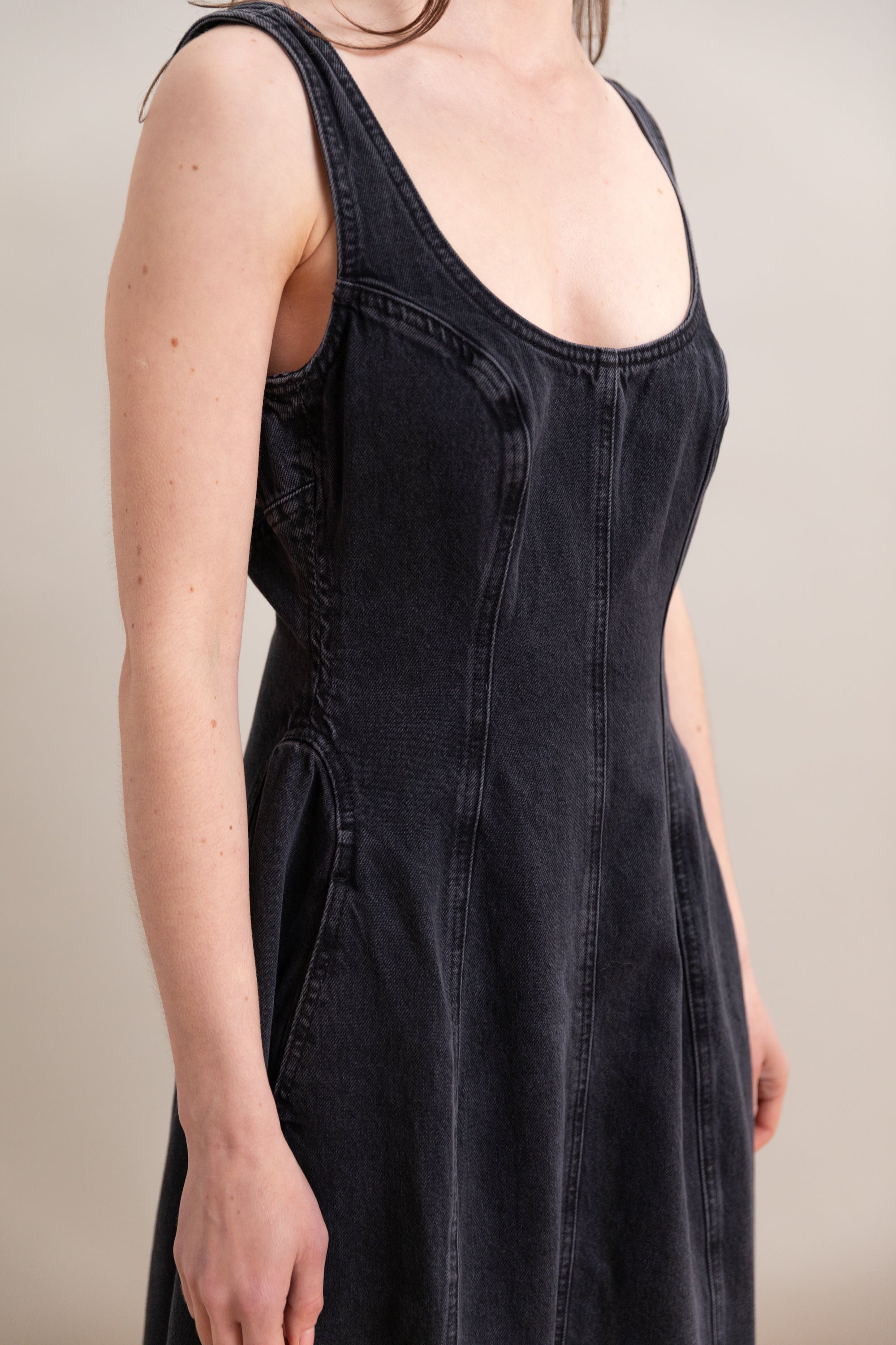 COCOON BUSTIER DRESS IN HURRICANE DENIM