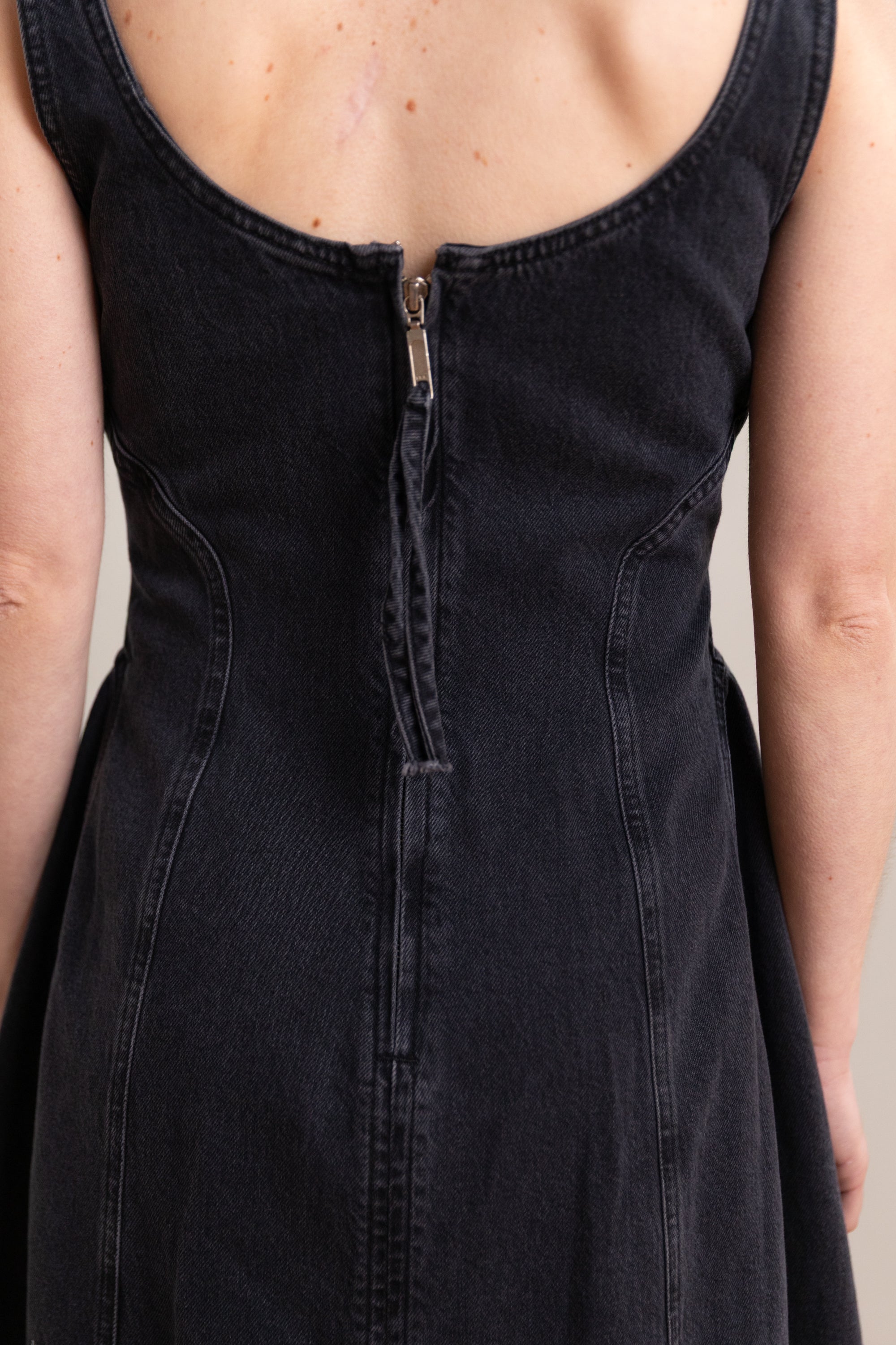 COCOON BUSTIER DRESS IN HURRICANE DENIM