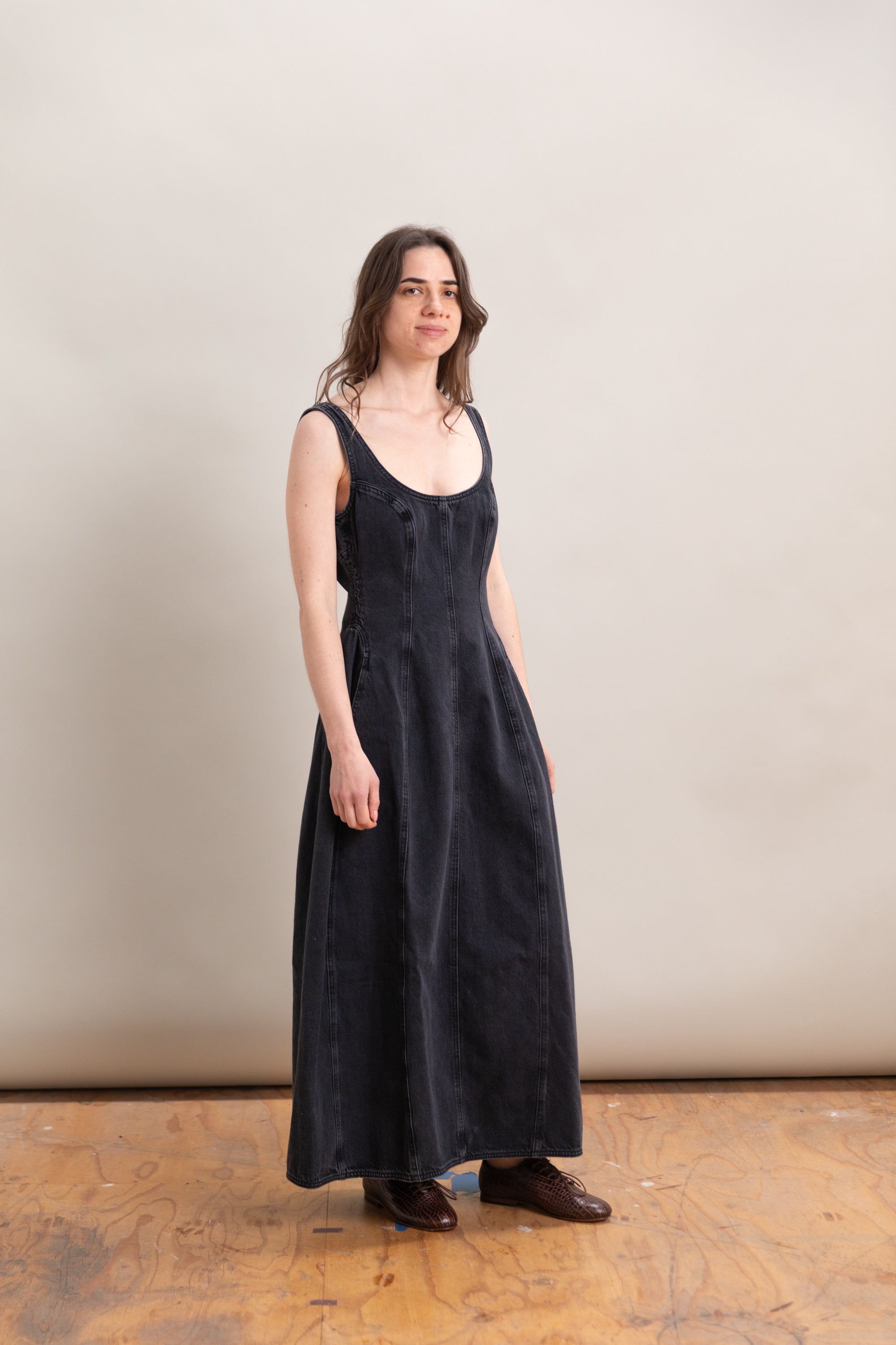 COCOON BUSTIER DRESS IN HURRICANE DENIM