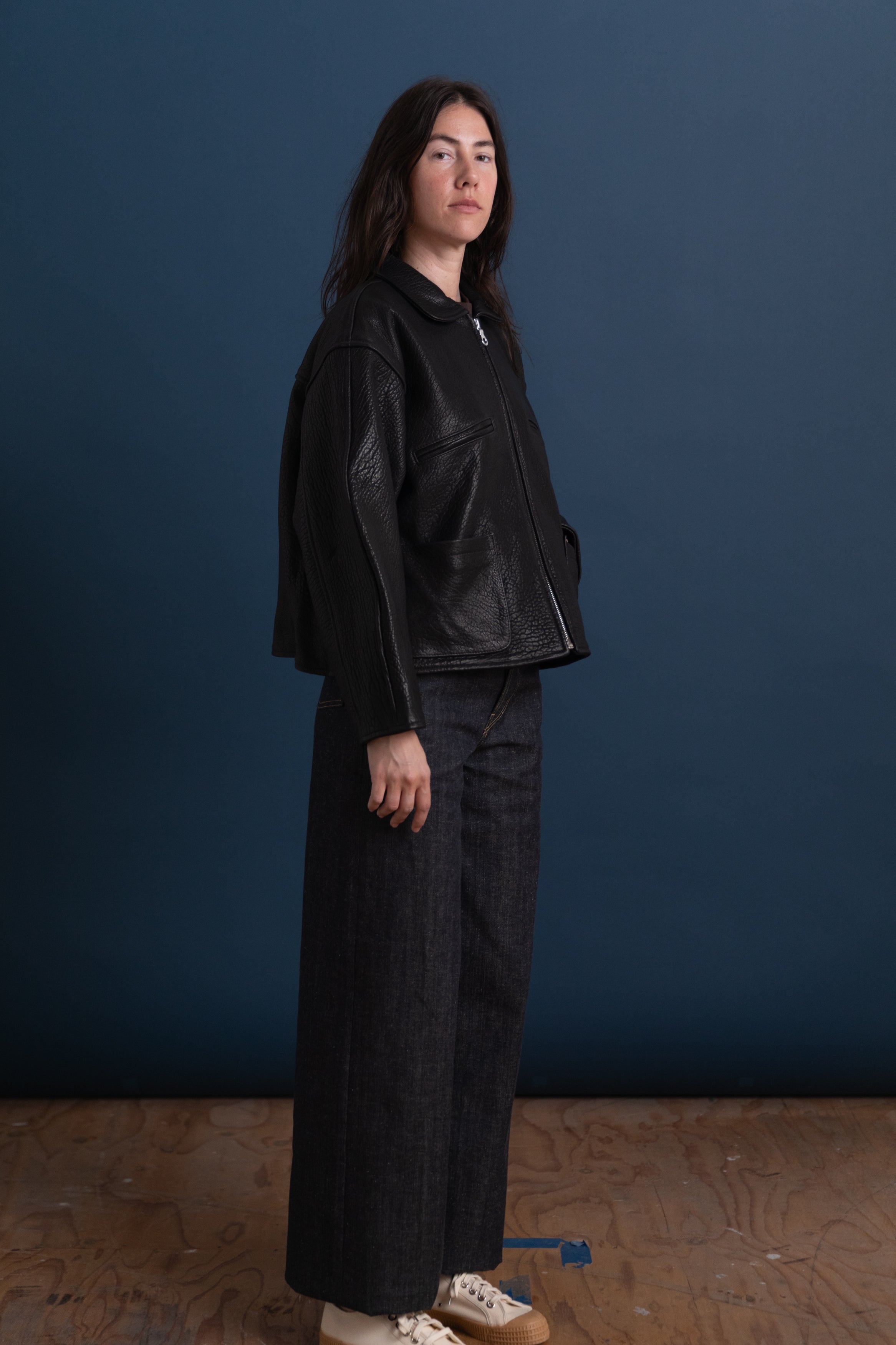 STRETCH WRINKLE LEATHER FLYING JACKET IN LIQUORICE