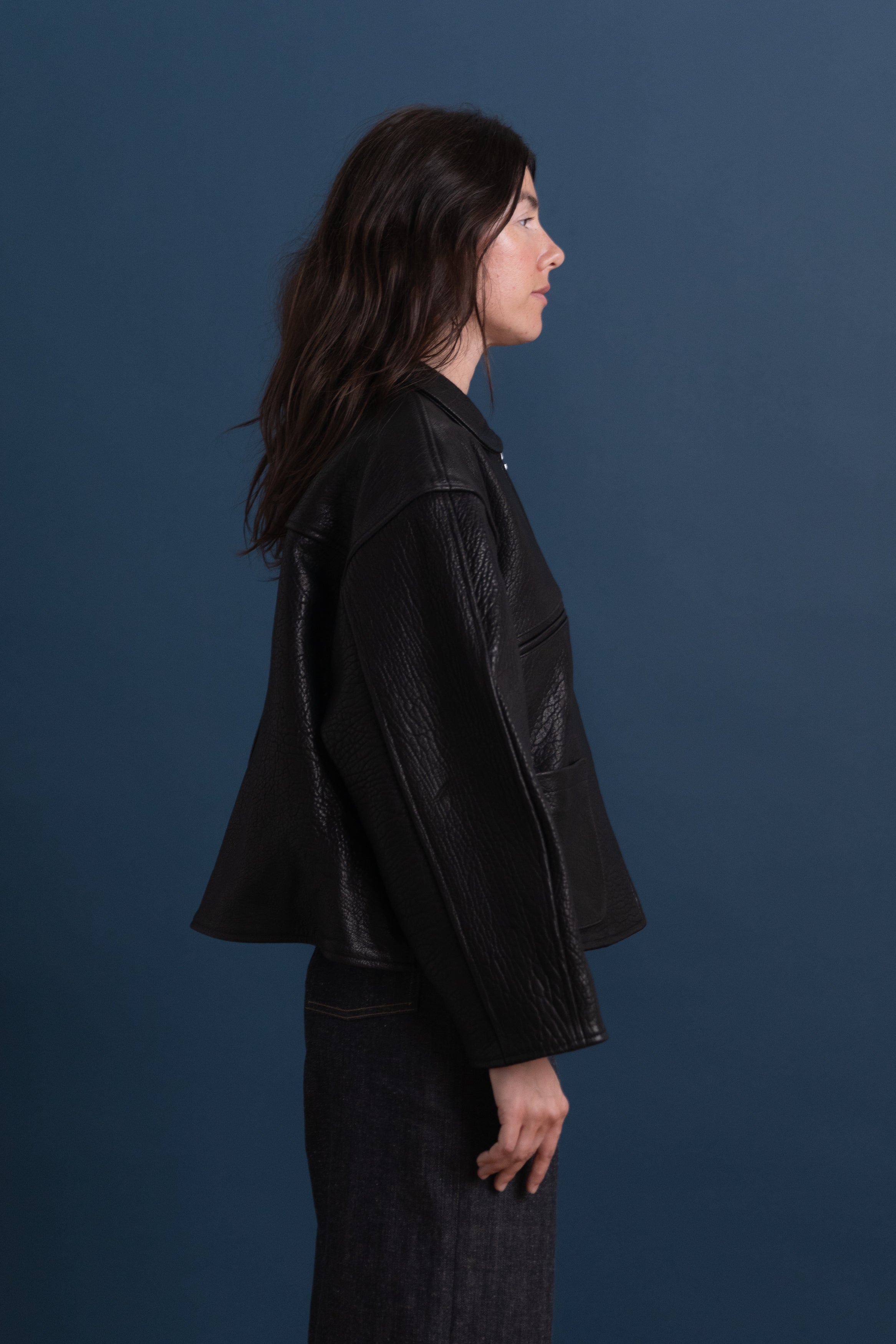 STRETCH WRINKLE LEATHER FLYING JACKET IN LIQUORICE