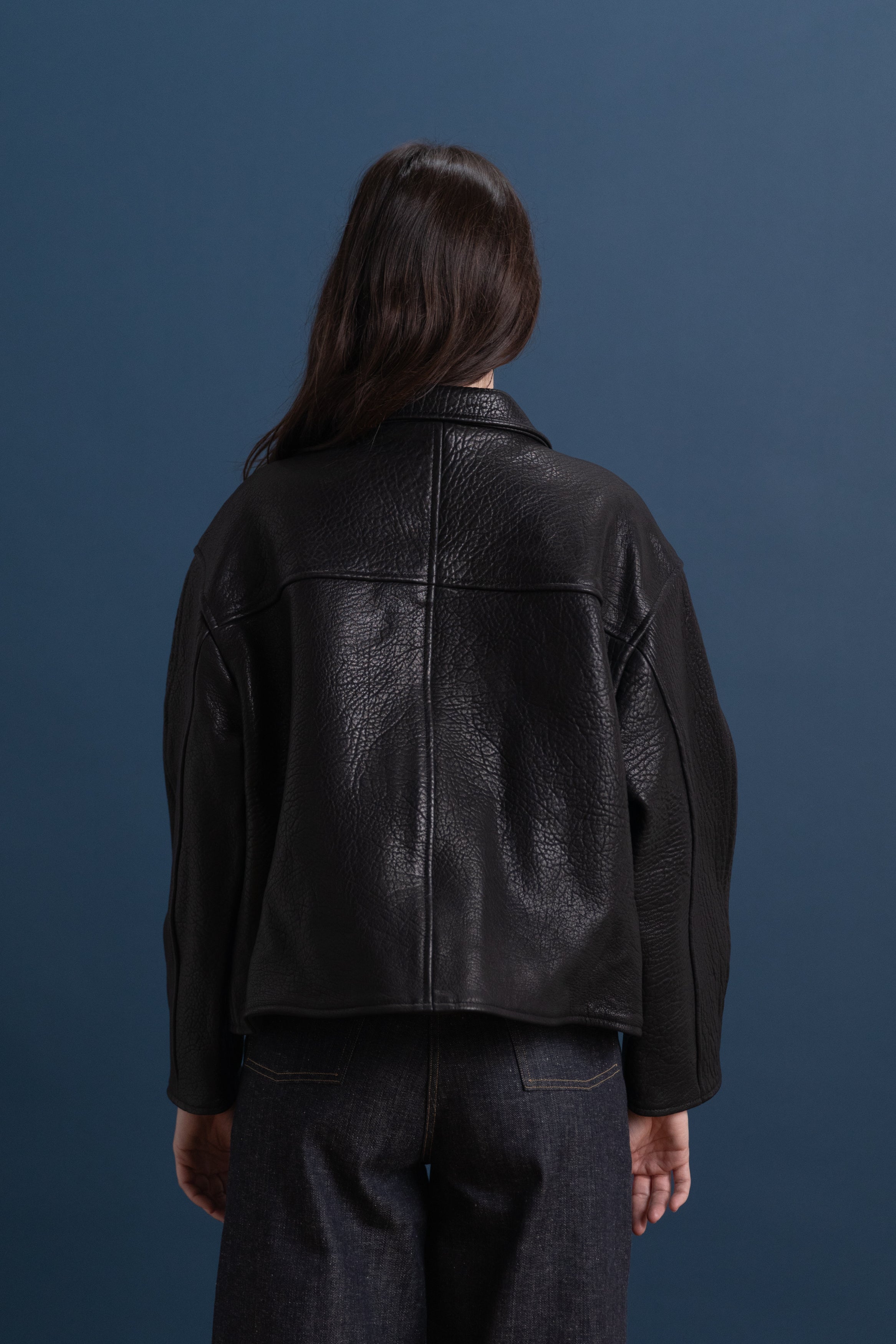 STRETCH WRINKLE LEATHER FLYING JACKET IN LIQUORICE