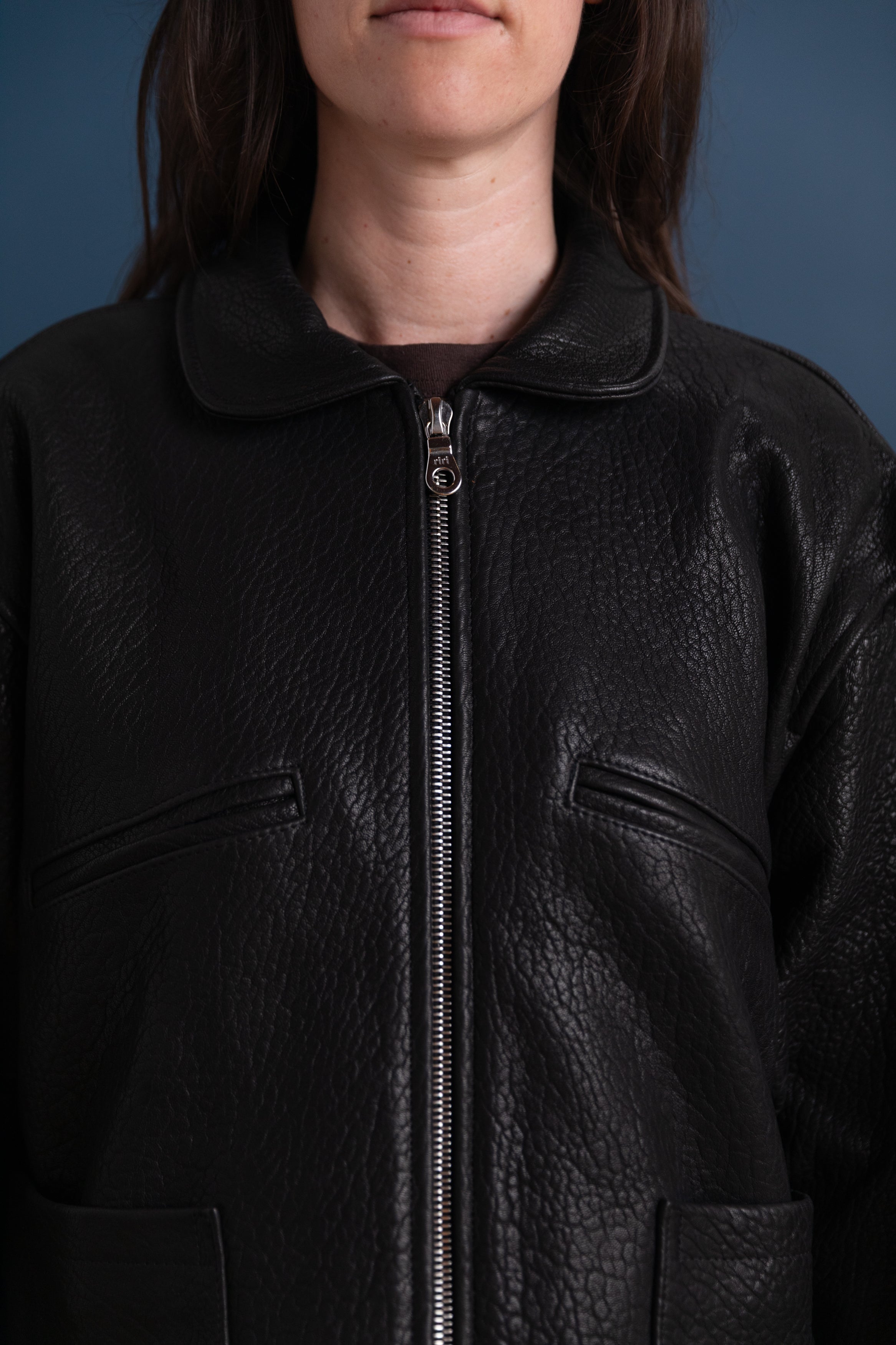 STRETCH WRINKLE LEATHER FLYING JACKET IN LIQUORICE