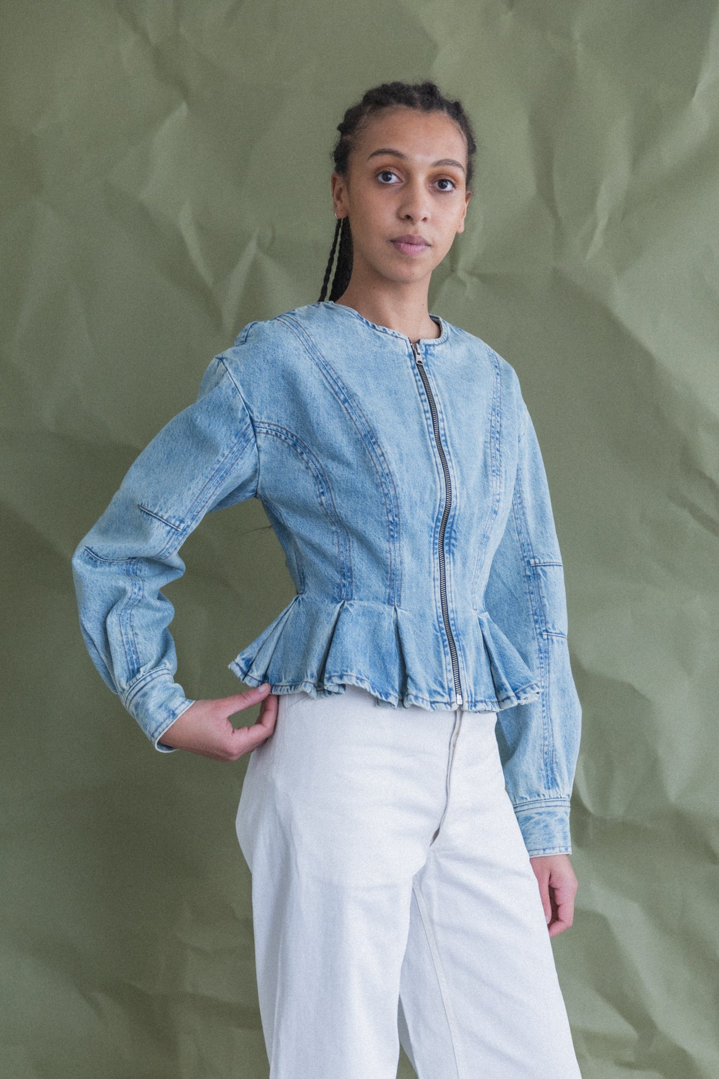 PEPLUM ZIP JACKET IN CANYON DENIM