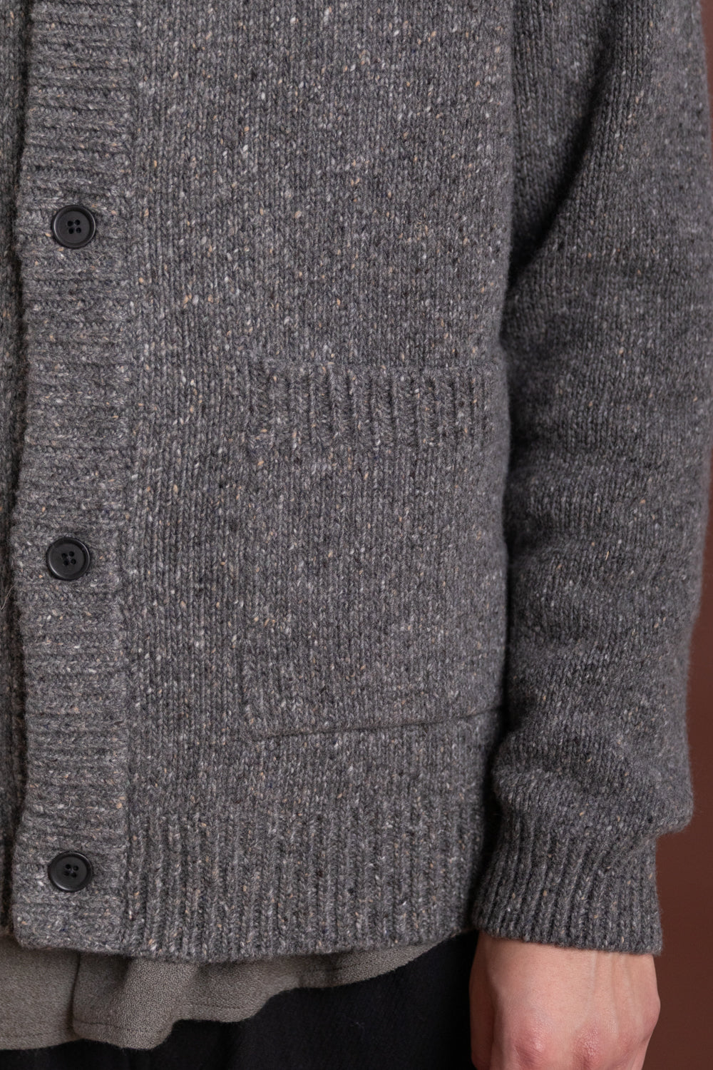 CREWNECK CARDIGAN IN HEATHER GREY WOOL TWEED