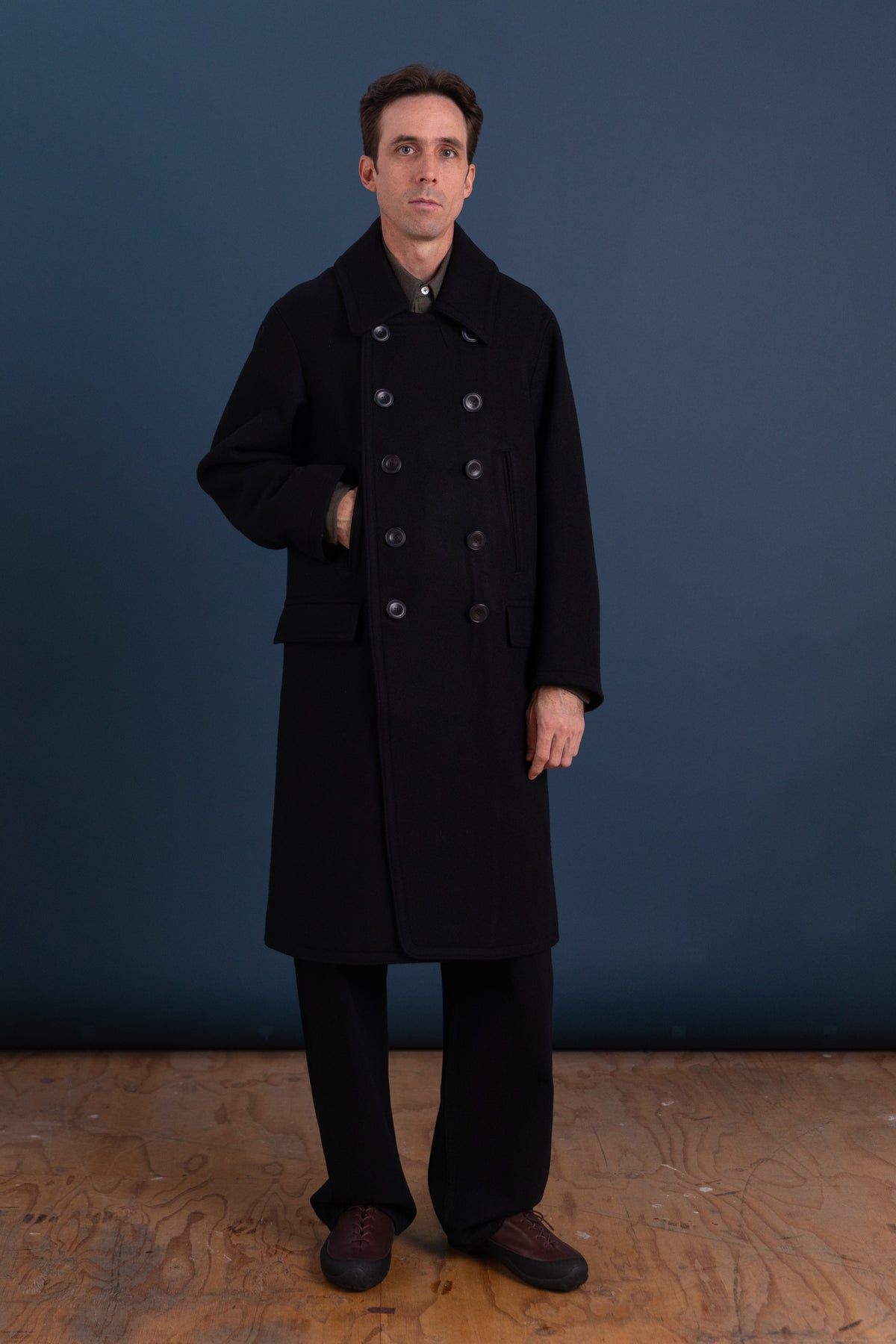 LONG PEA COAT IN DARK NAVY WOOL MELTON