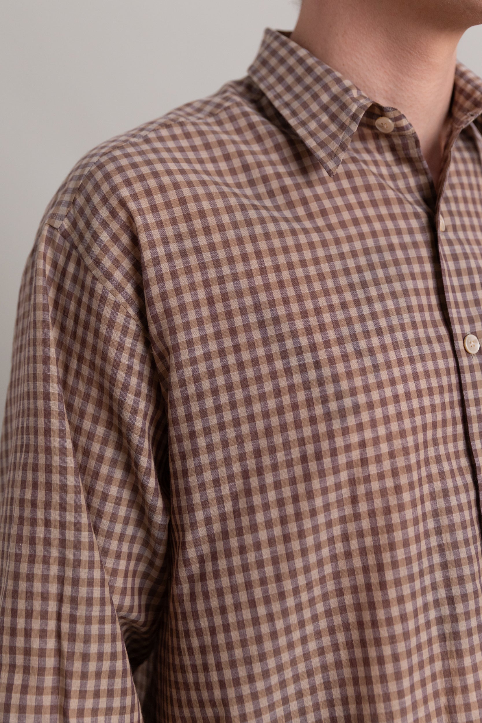 AIRY LIGHT COTTON CHECK BIG SHIRT IN BROWN GINGHAM CHECK
