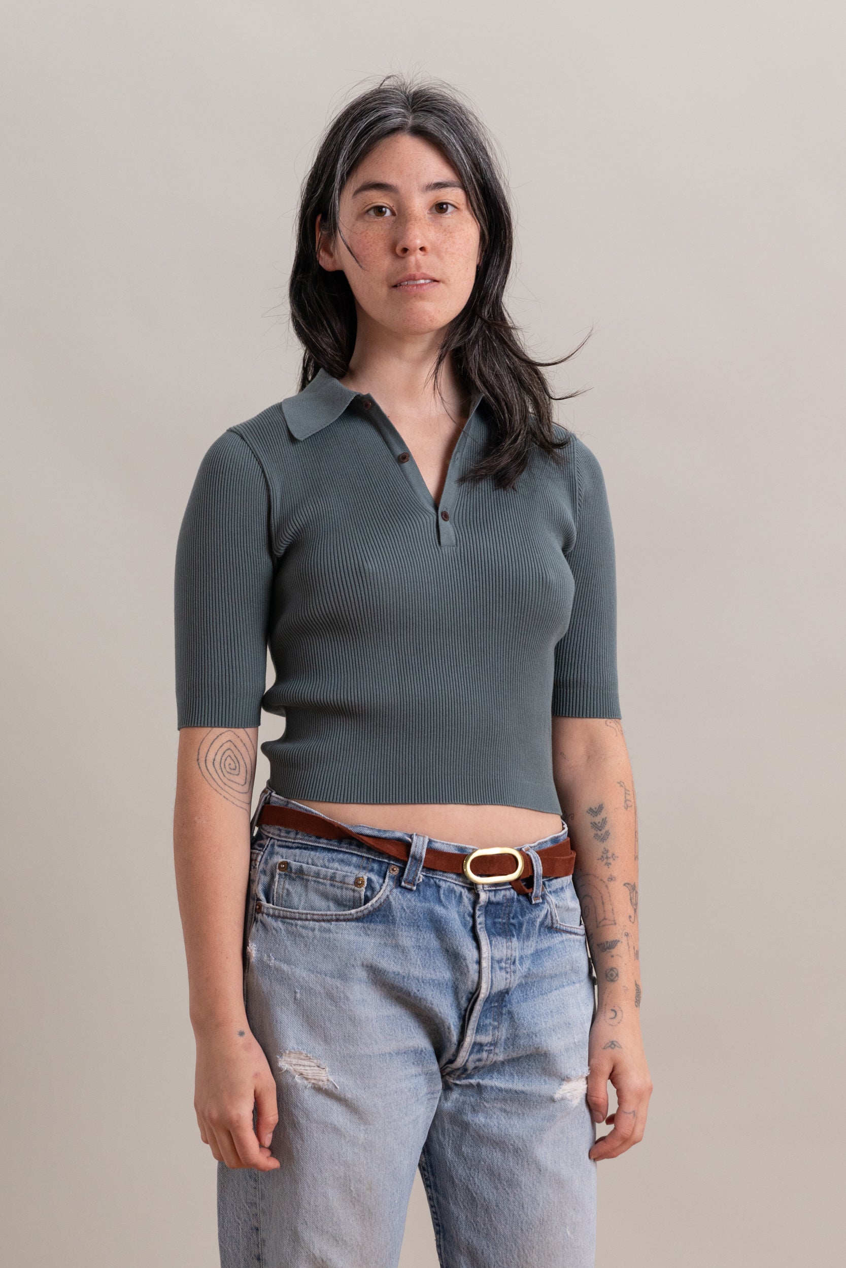 COTTON HIGH GAUGE RIB KNIT POLO IN SAGE GRAY