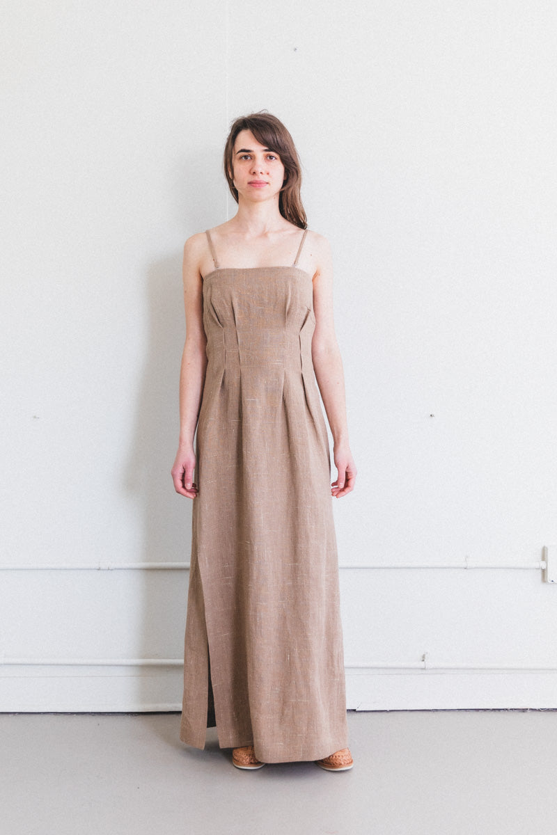 LINEN SILK TWEED DRESS IN BROWN