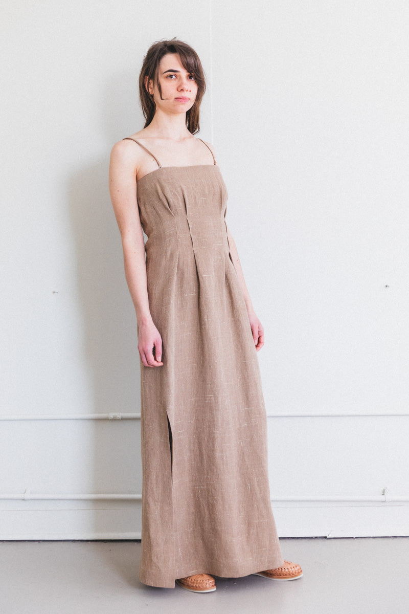 LINEN SILK TWEED DRESS IN BROWN
