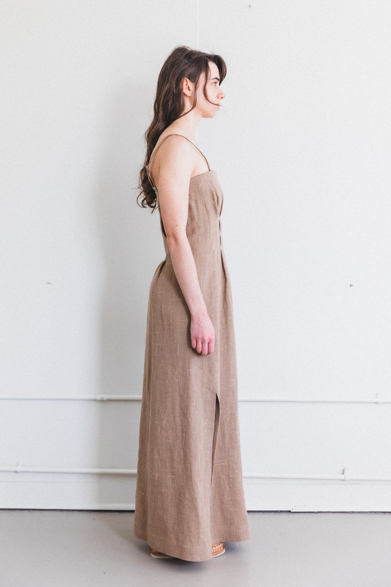 LINEN SILK TWEED DRESS IN BROWN