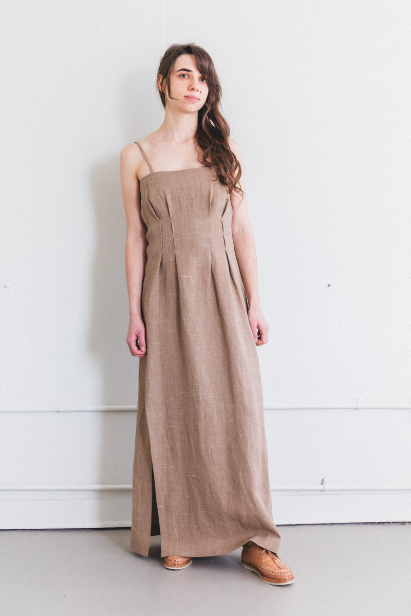 LINEN SILK TWEED DRESS IN BROWN
