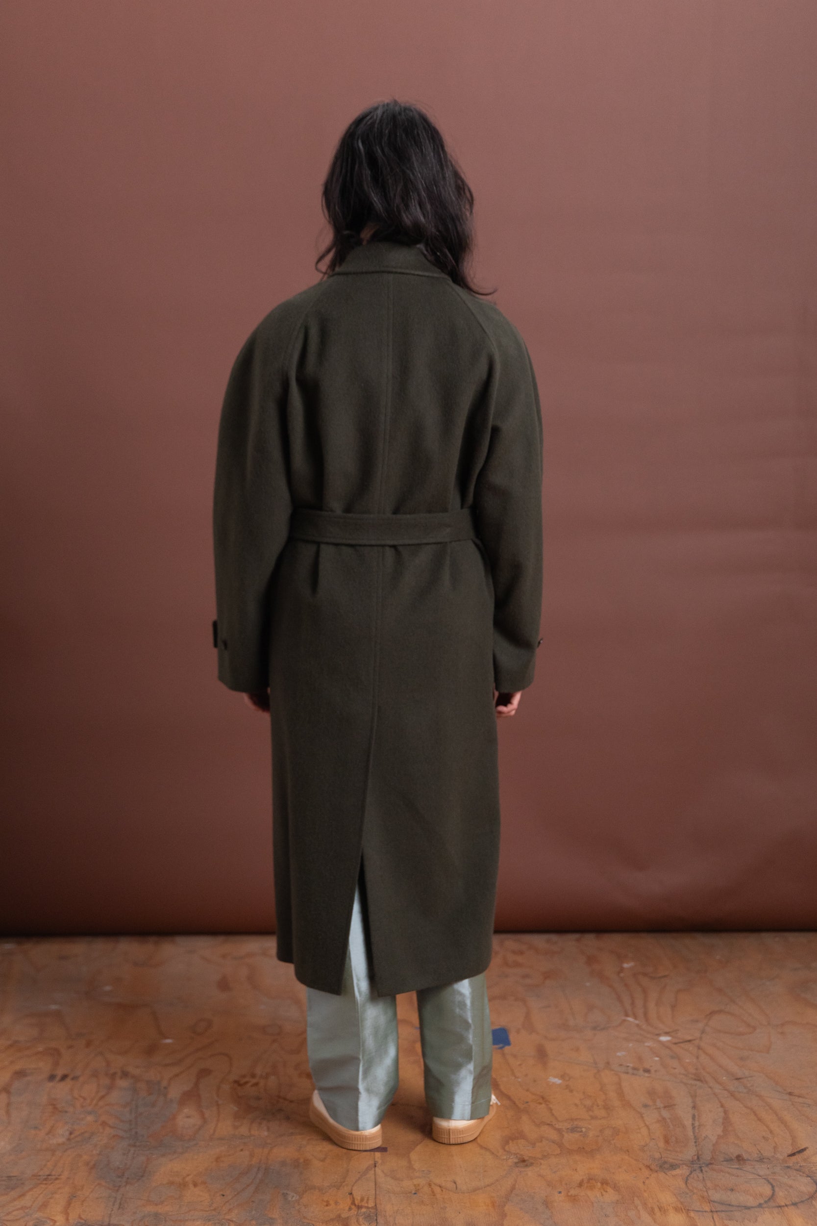 BABY CAMEL FLANNEL COAT IN DARK OLIVE