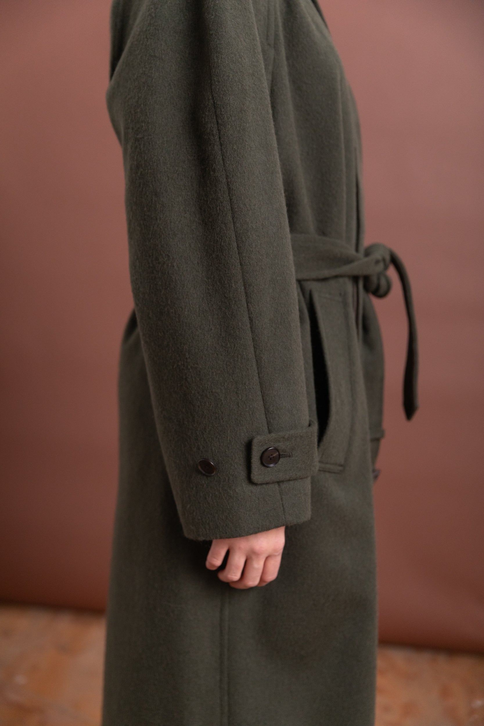 BABY CAMEL FLANNEL COAT IN DARK OLIVE