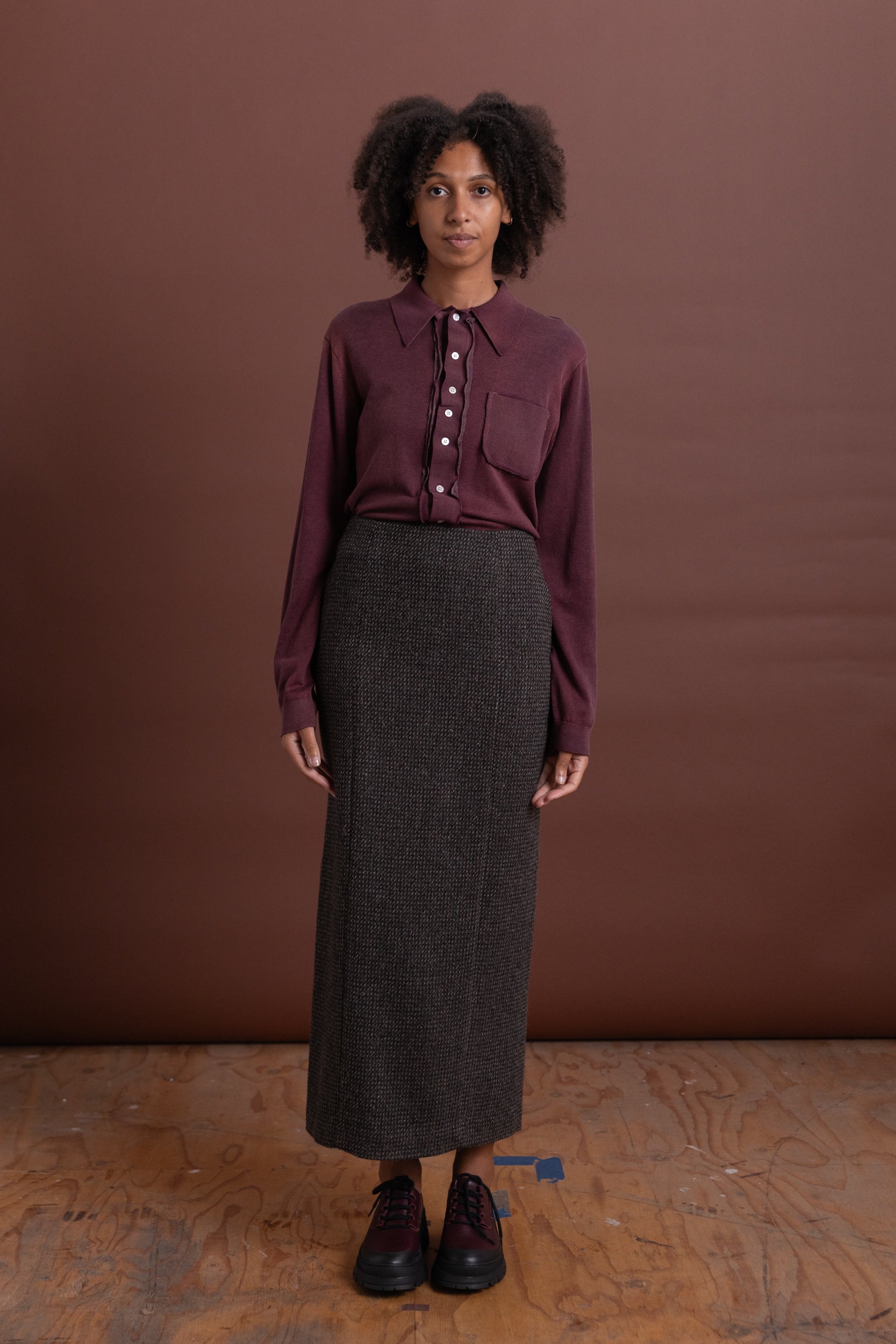 ALPACA WOOL SILK TWEED PENCIL SKIRT IN GRAY BROWN HAIRLINE WOOL