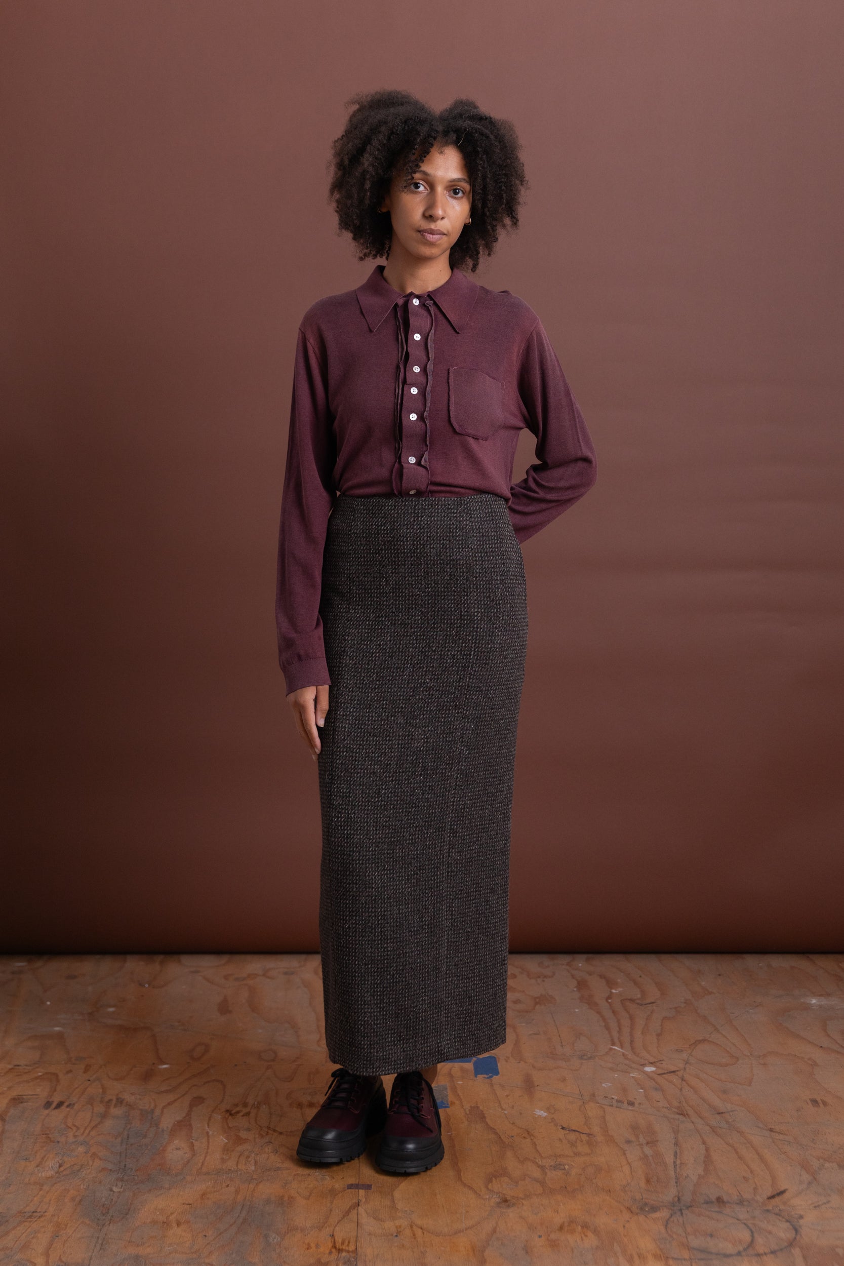 ALPACA WOOL SILK TWEED PENCIL SKIRT IN GRAY BROWN HAIRLINE WOOL