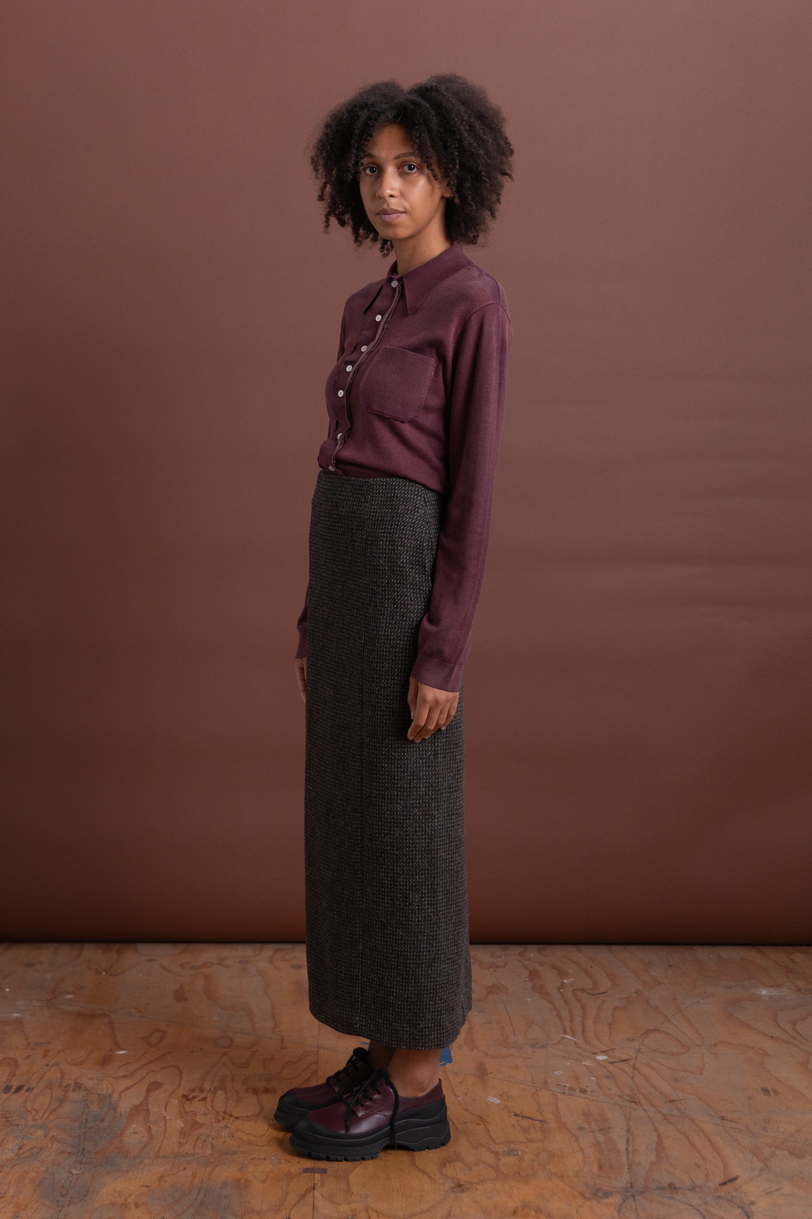 ALPACA WOOL SILK TWEED PENCIL SKIRT IN GRAY BROWN HAIRLINE WOOL