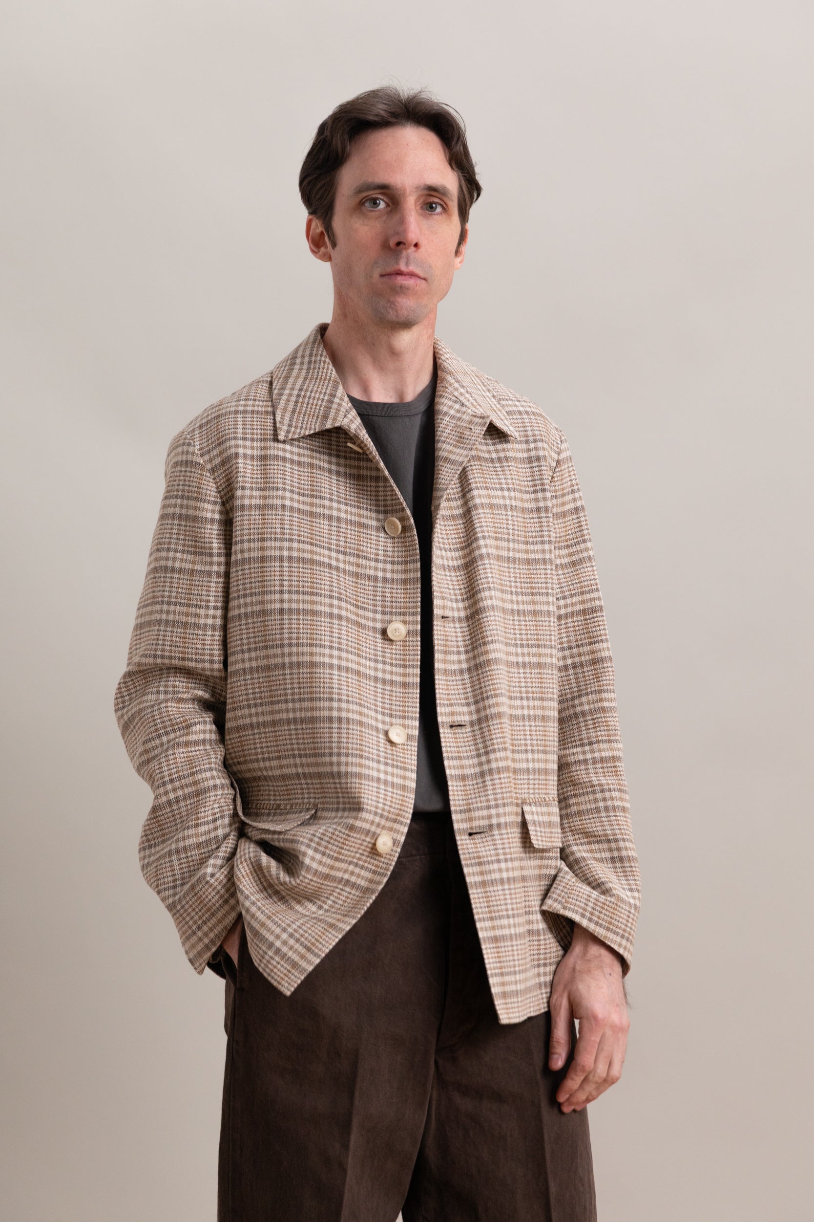 SILK LINEN NEP CHECK JACKET IN BEIGE IVORY CHECK