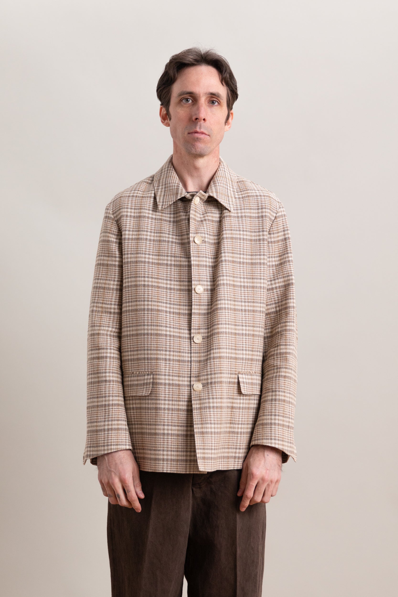 SILK LINEN NEP CHECK JACKET IN BEIGE IVORY CHECK