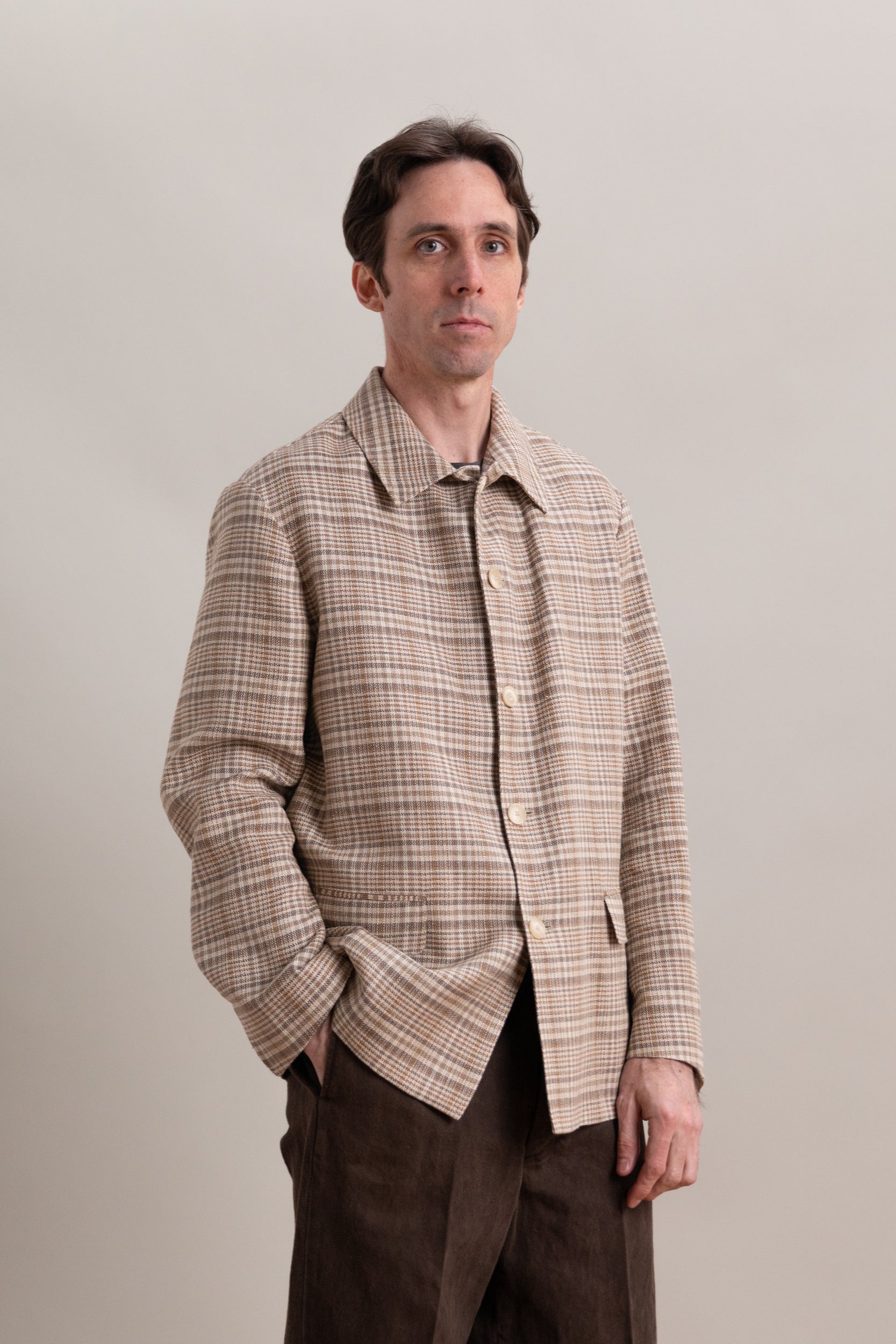 SILK LINEN NEP CHECK JACKET IN BEIGE IVORY CHECK