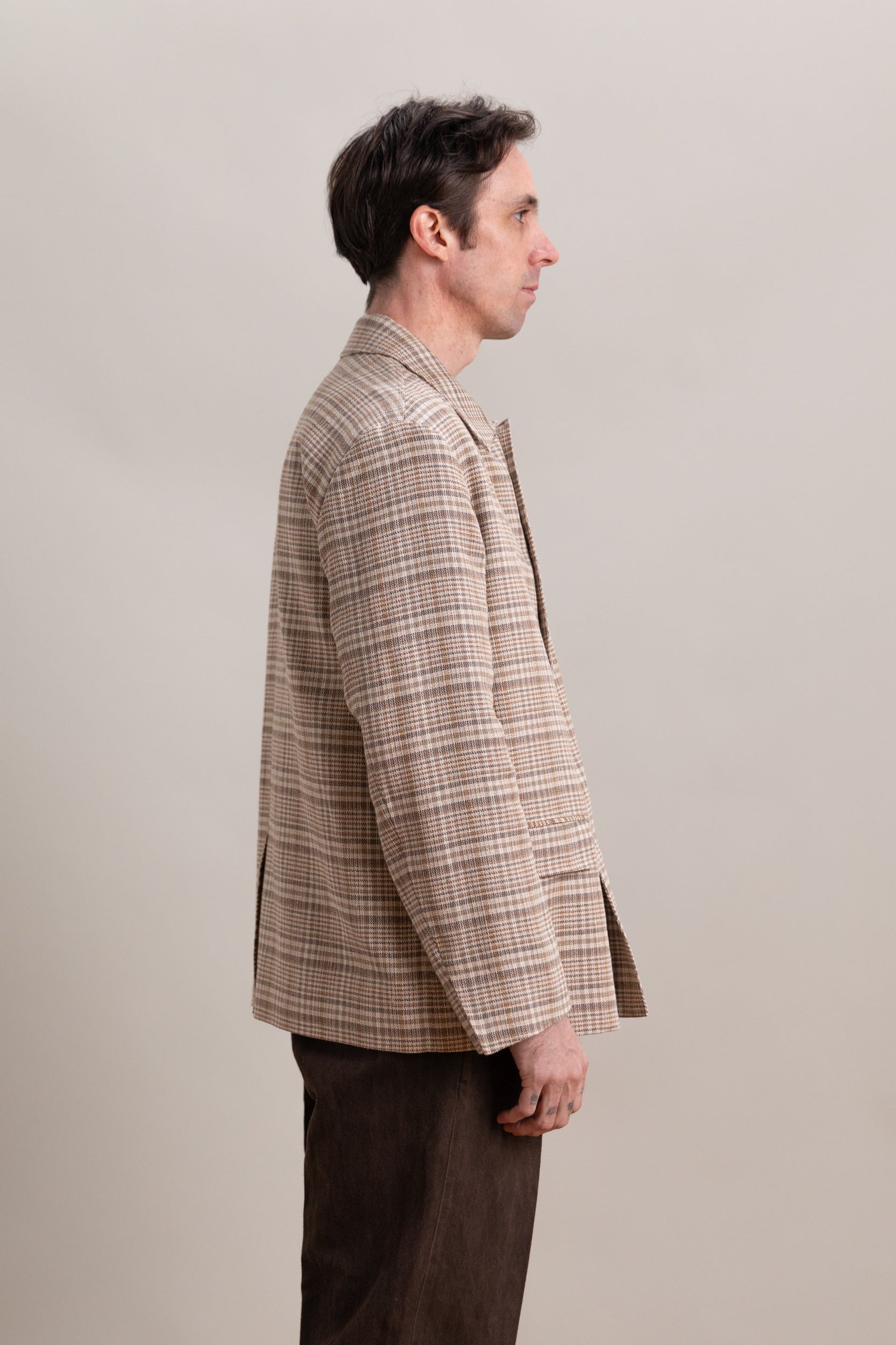 SILK LINEN NEP CHECK JACKET IN BEIGE IVORY CHECK