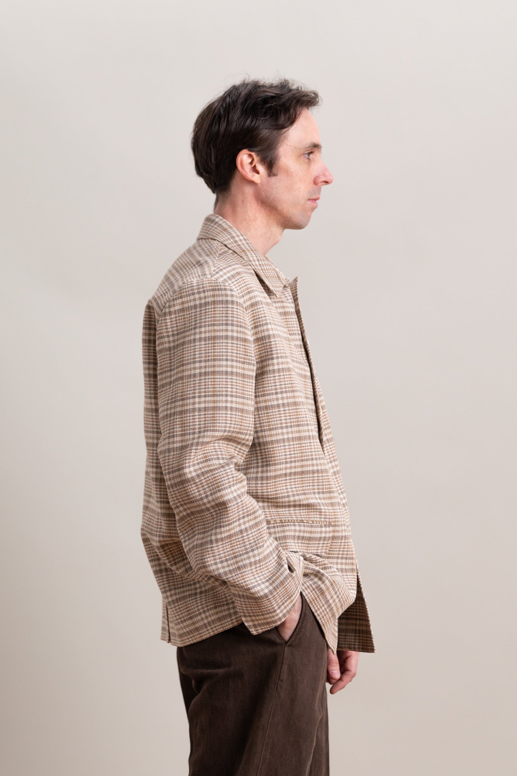 SILK LINEN NEP CHECK JACKET IN BEIGE IVORY CHECK