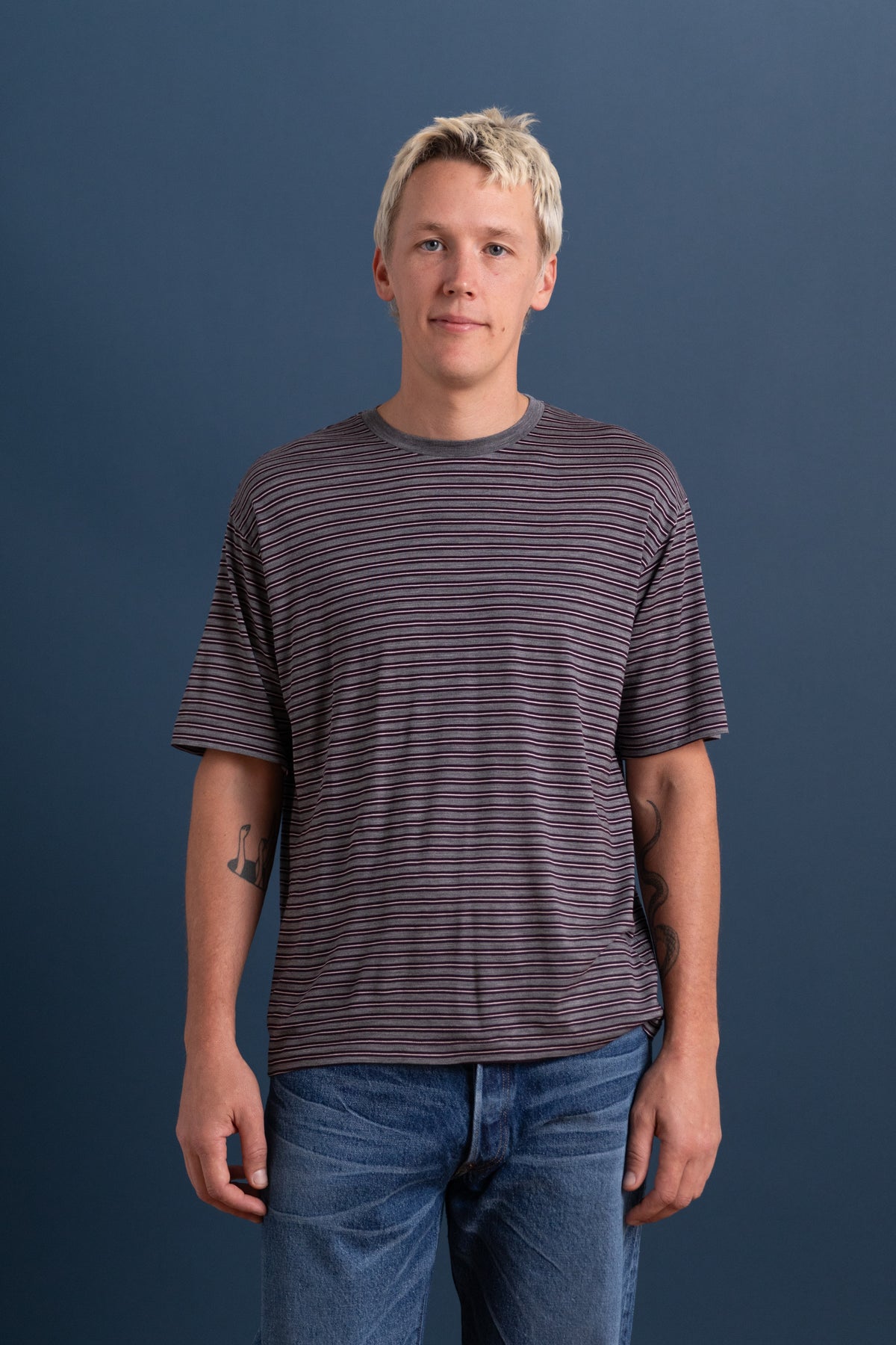 SOFT SMOOTH WOOL STRIPE JERSEY TEE IN GRAY STRIPE