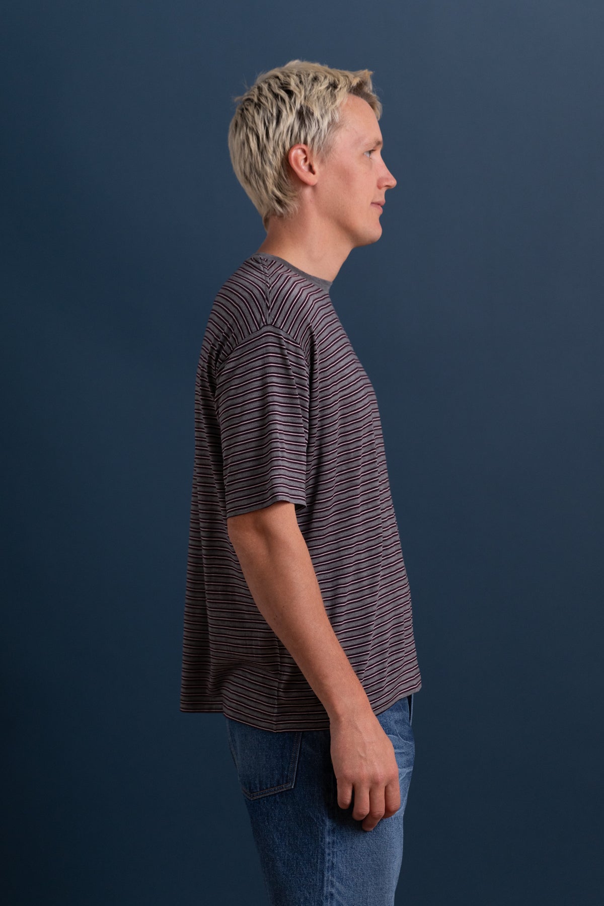 SOFT SMOOTH WOOL STRIPE JERSEY TEE IN GRAY STRIPE