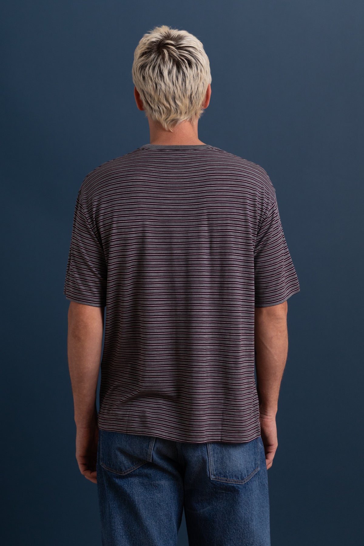 SOFT SMOOTH WOOL STRIPE JERSEY TEE IN GRAY STRIPE