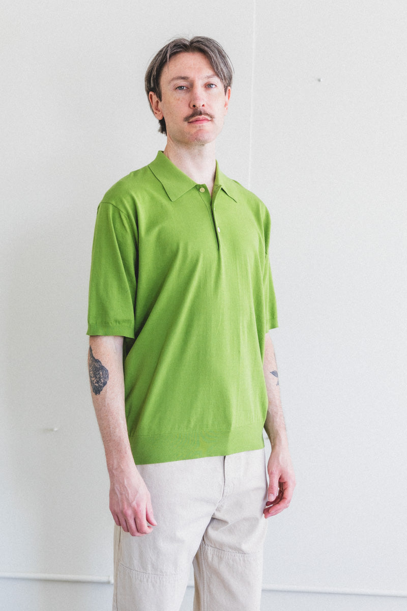SUPER HIGH GAUGE COTTON KNIT POLO IN SAGE GREEN