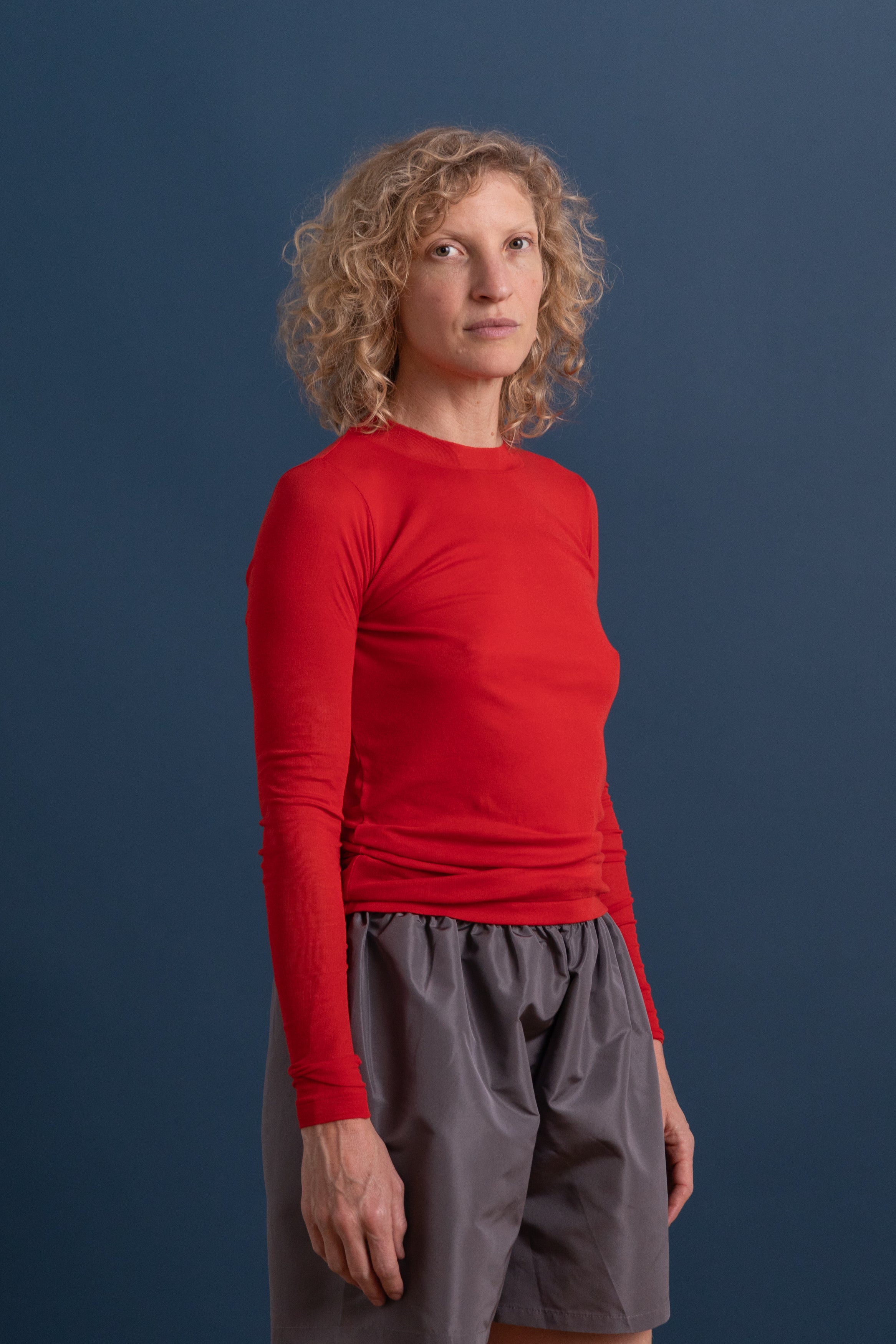 SUPER HIGH GUAGE SHEER RIB LONG SLEEVE TEE IN RED