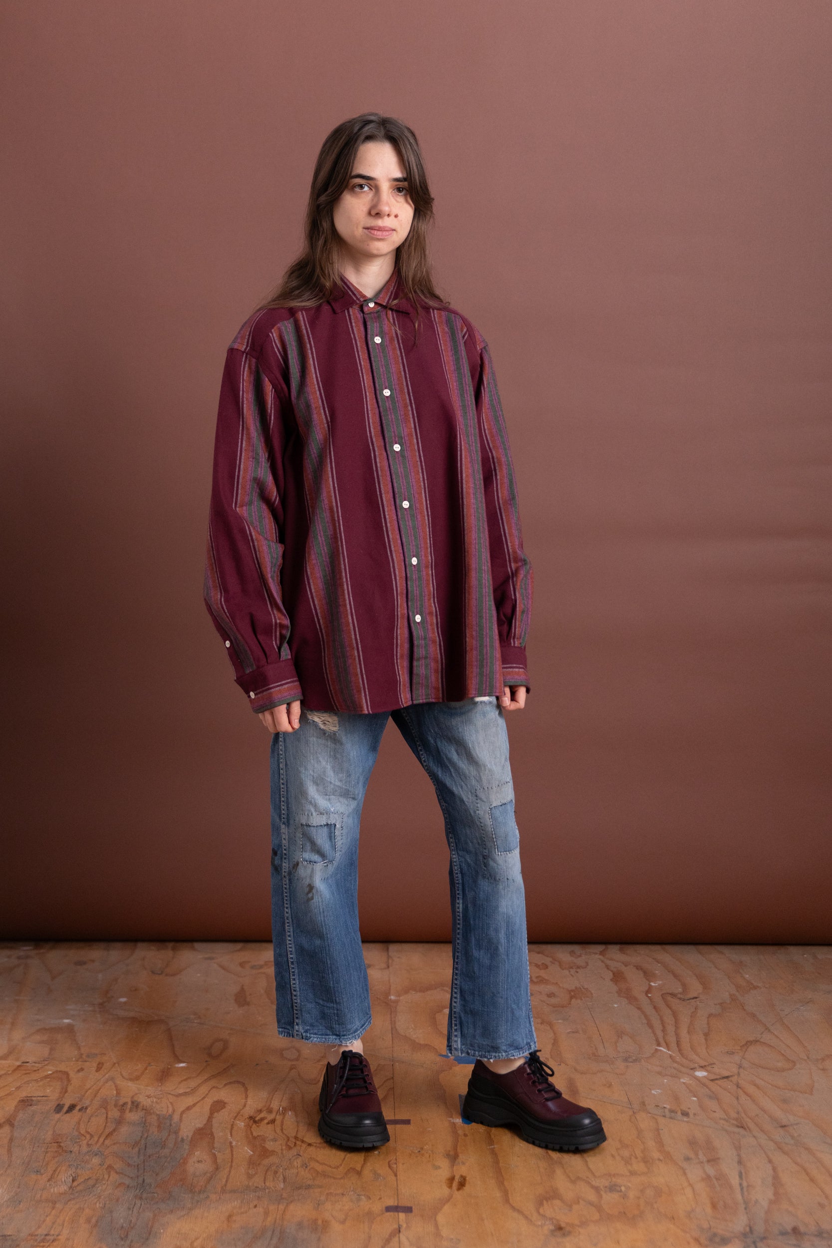 CLAUDE SHIRT IN FLANNEL MAROON STRIPE