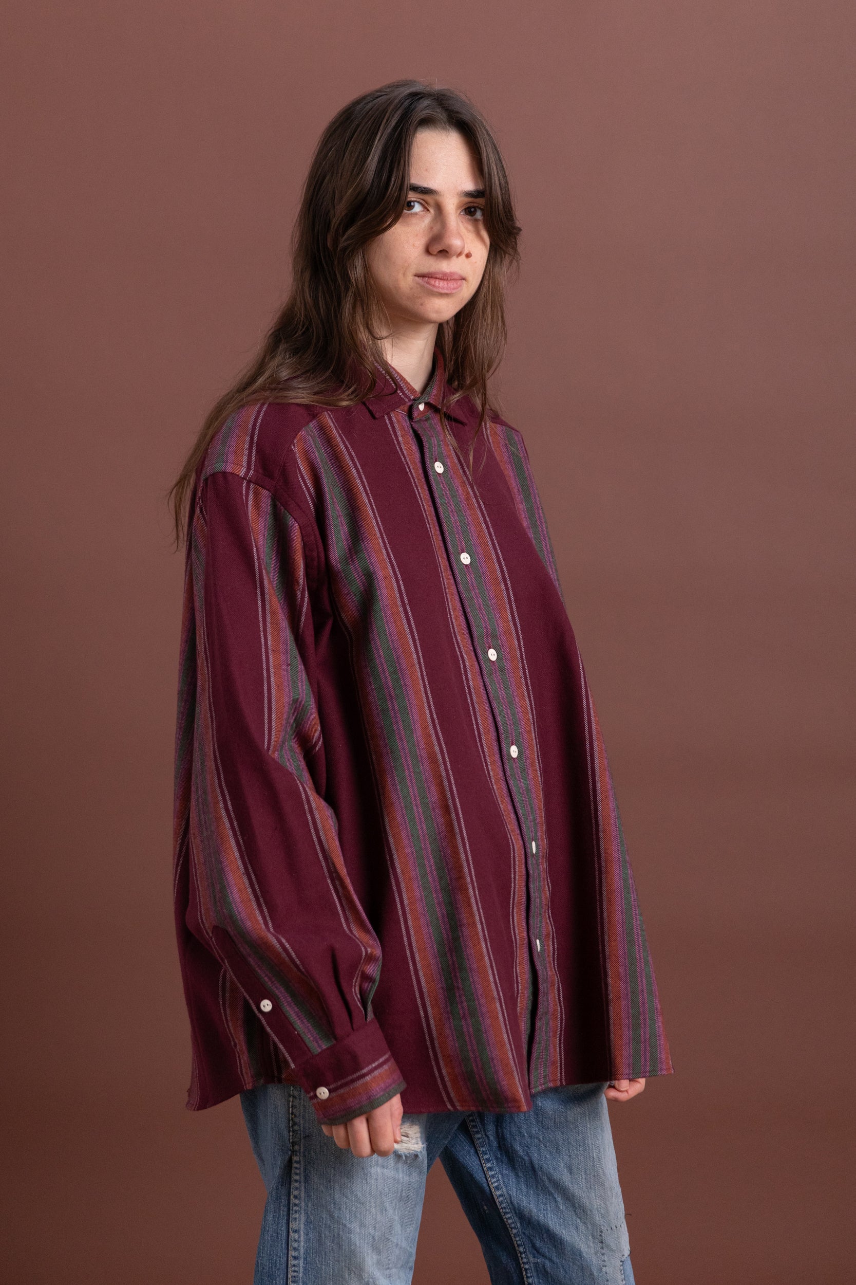 CLAUDE SHIRT IN FLANNEL MAROON STRIPE