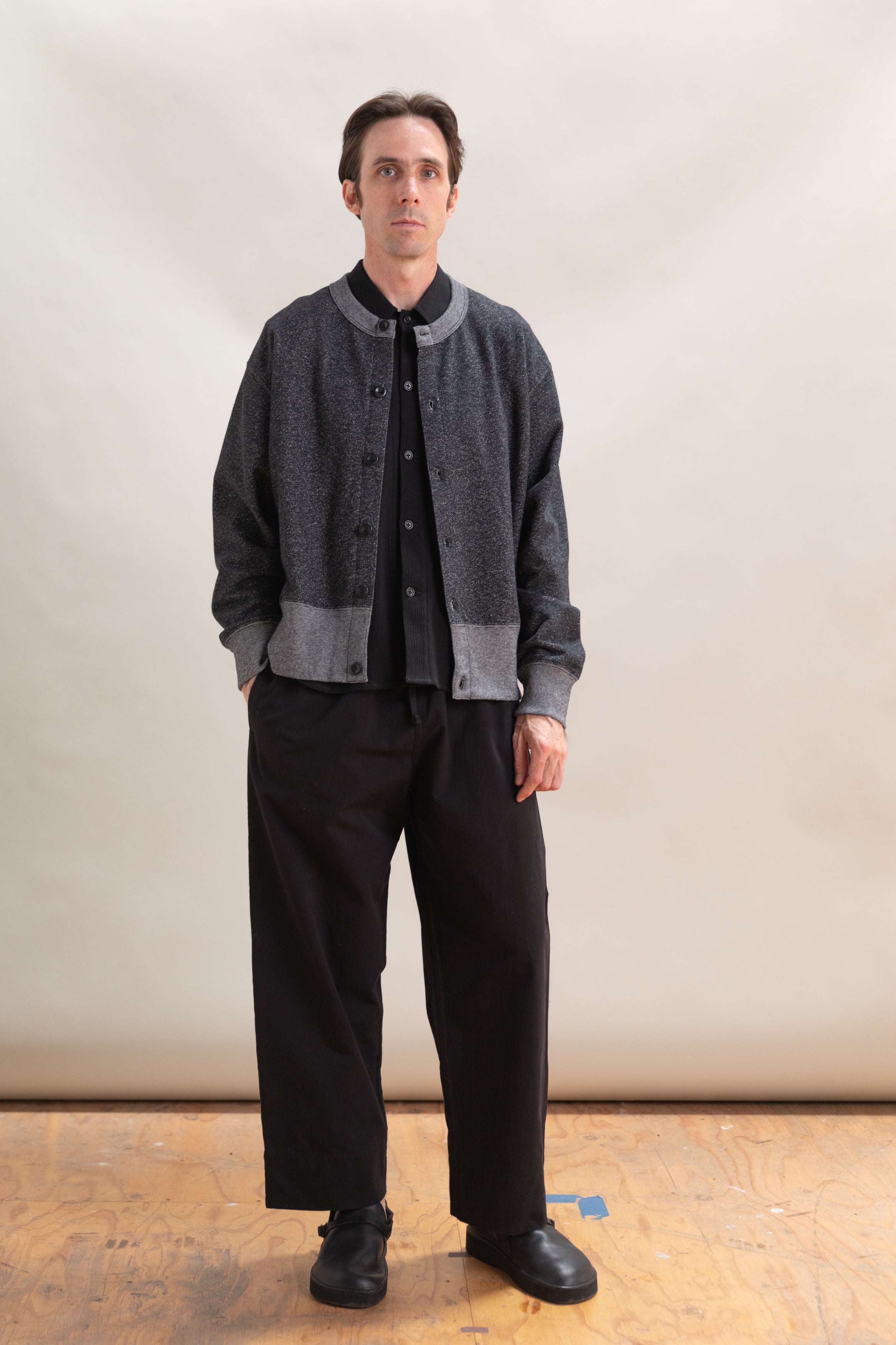 HEATH CARDIGAN IN BLACK PEBBLE KNIT FRENCH TERRY