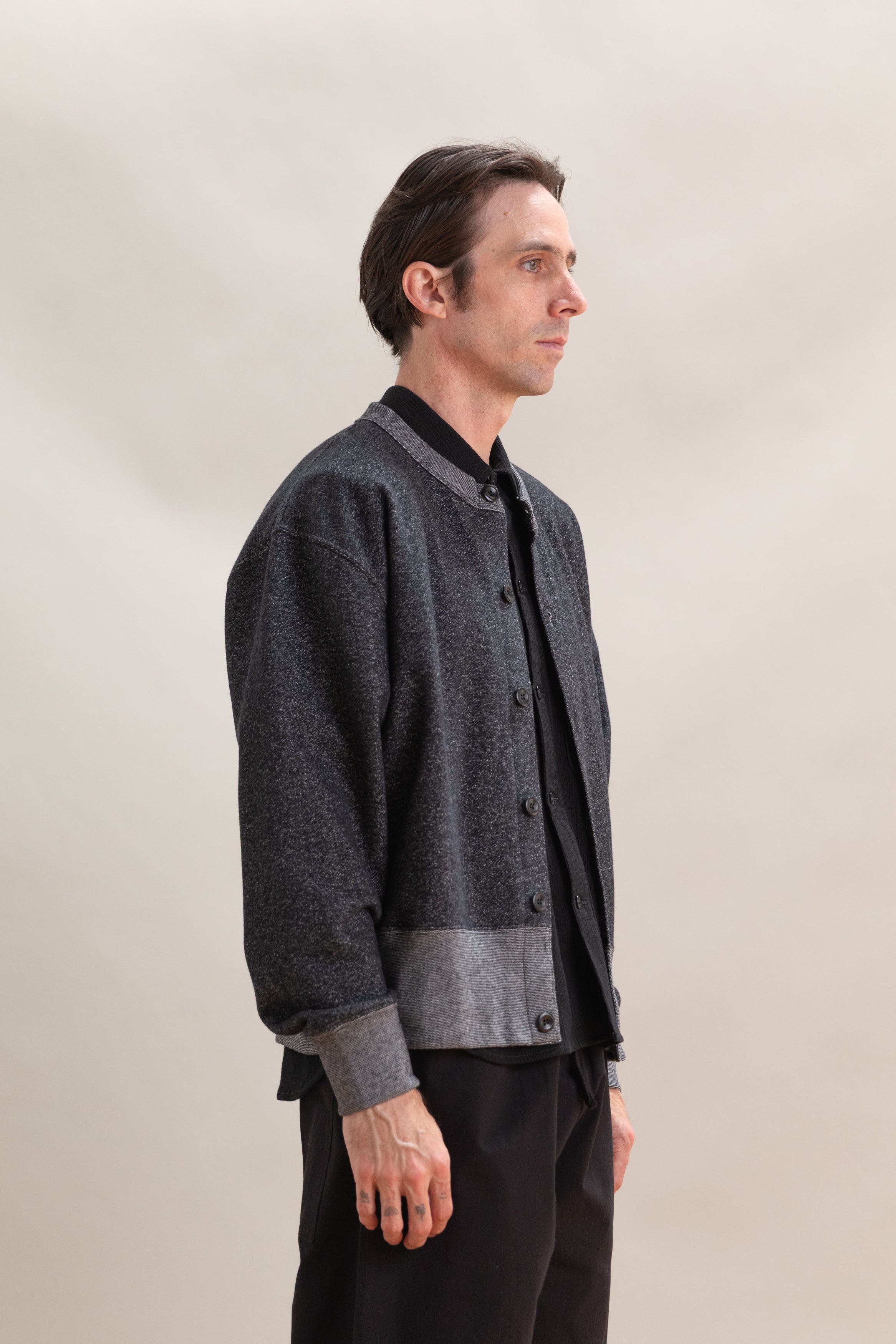 HEATH CARDIGAN IN BLACK PEBBLE KNIT FRENCH TERRY