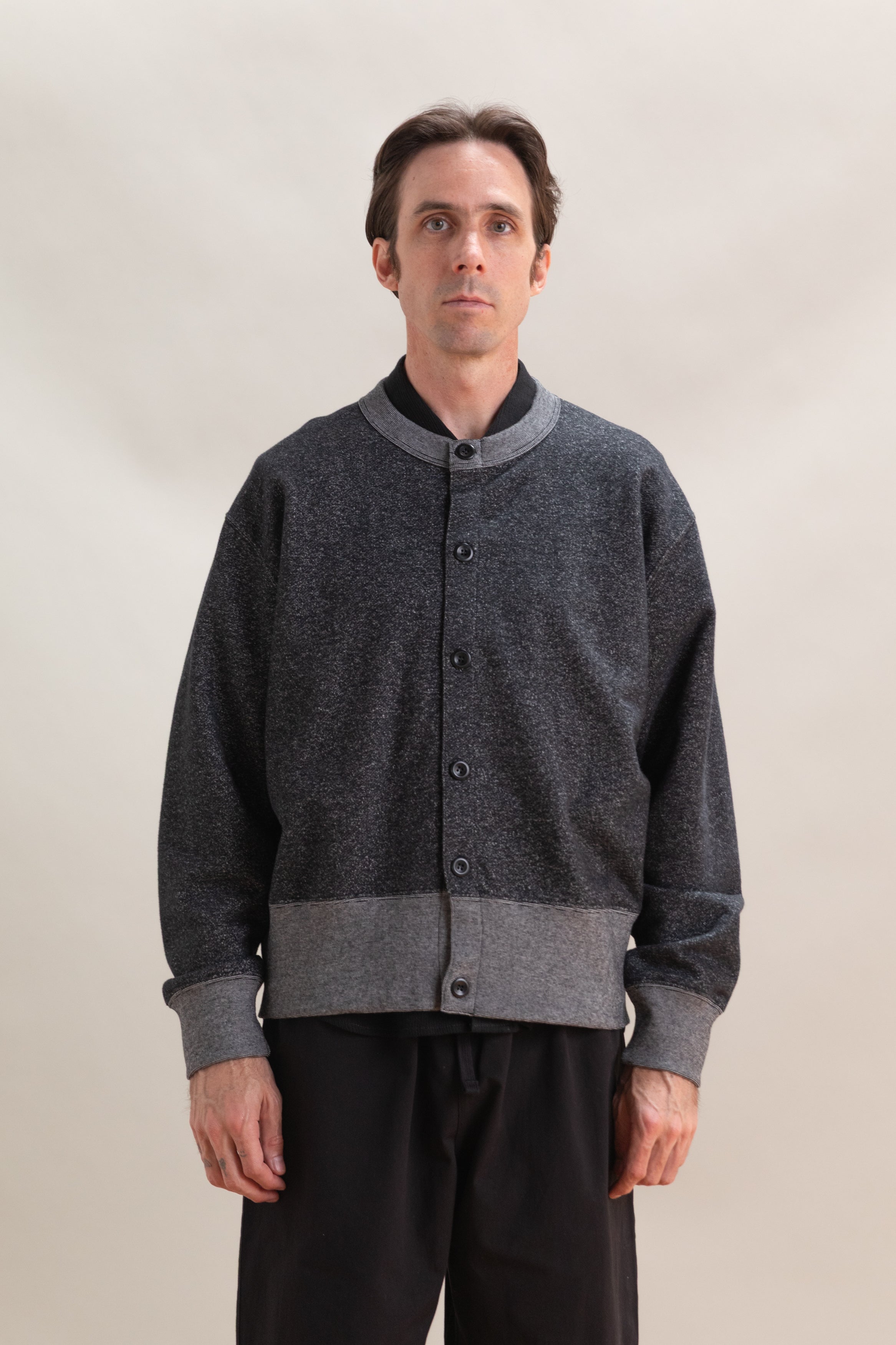 HEATH CARDIGAN IN BLACK PEBBLE KNIT FRENCH TERRY
